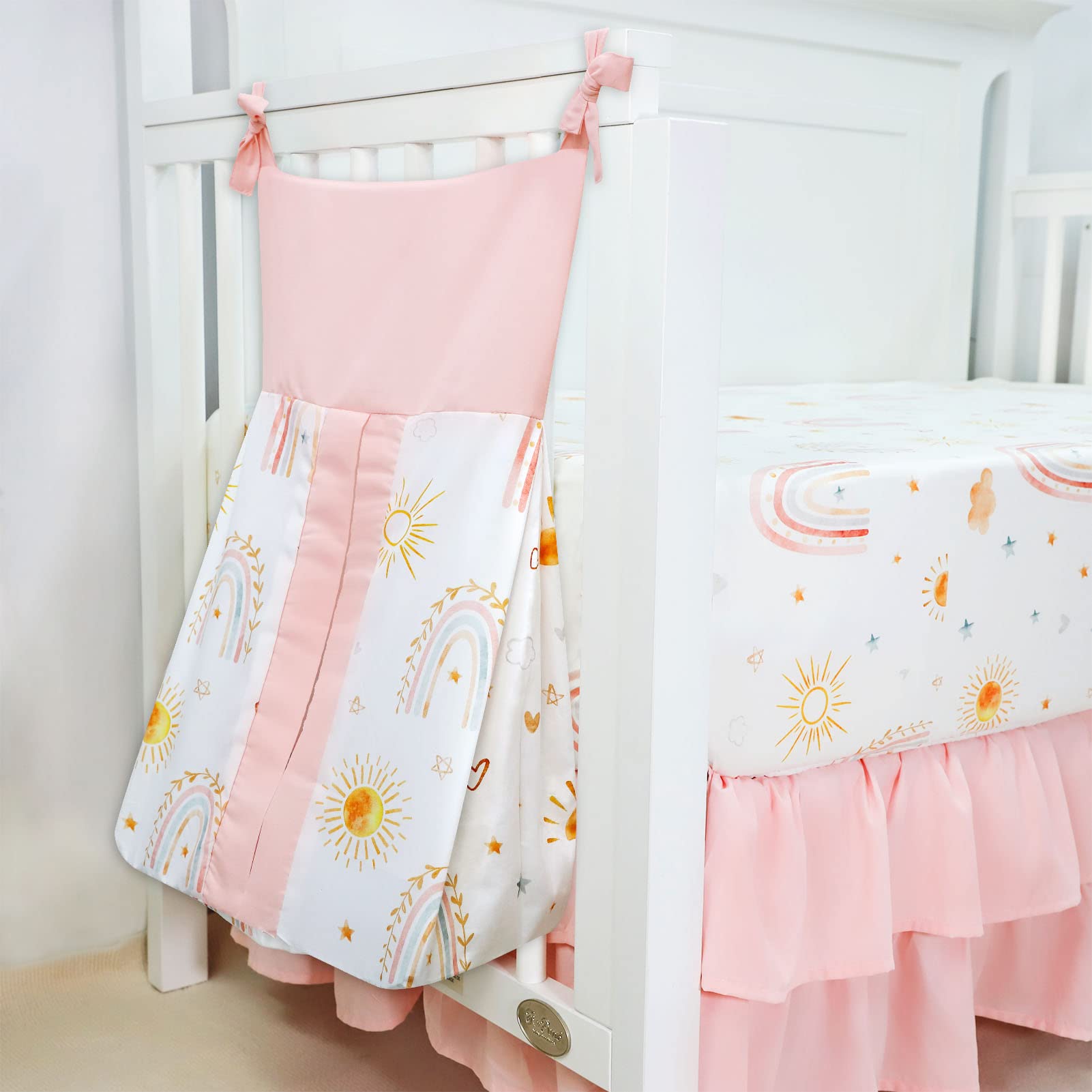 Pink 4-Piece Baby Crib Bedding Set for Girls - Soft Rainbow Nursery Set with Comforter, Fitted Sheet, Crib Skirt & Diaper Stacker | Perfect for Newborns, Infant Room Decor & Baby Shower Gifts