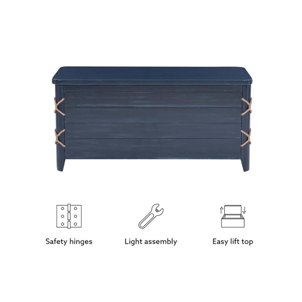Linon Zana Blue Distressed Wood Cedar Lined Storage Chest with Rope Detail - Perfect for Bedroom Closet Organization & Blanket Storage
