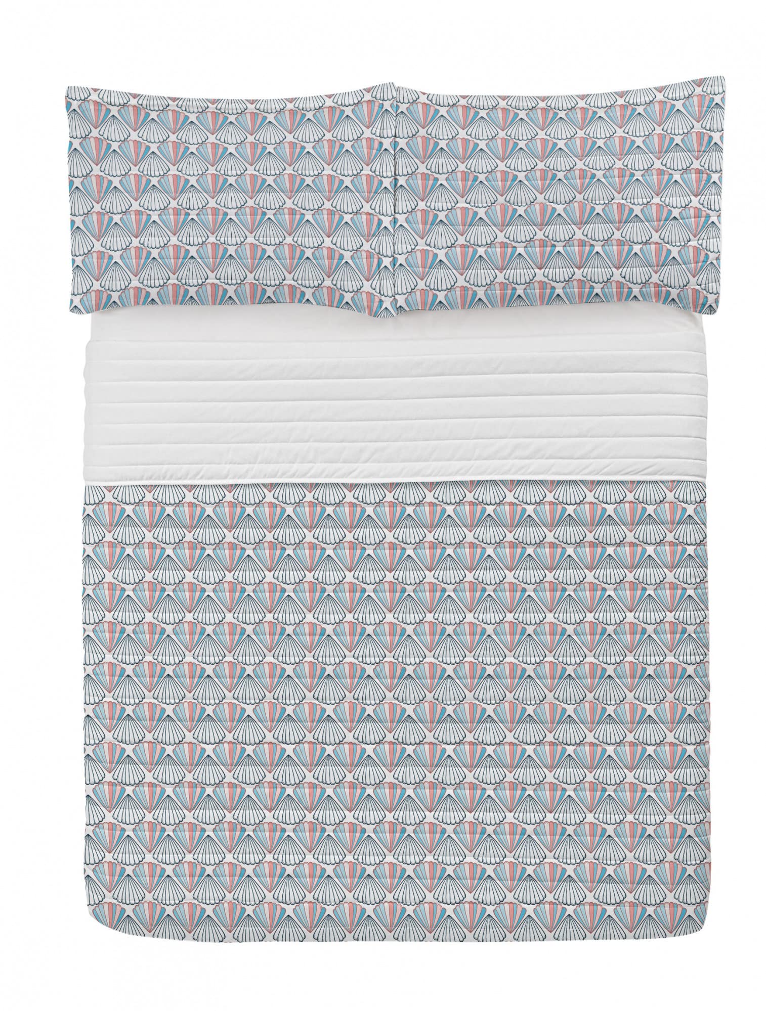 Ambesonne Ocean Blue Microfiber Bedspread Set - Colorful Scallop Shell Geometric Marine Pattern with Soft Pillow Shams & Comforter, King Size White Blush | Coastal Bedroom Decor for Beach House & Nautical Theme