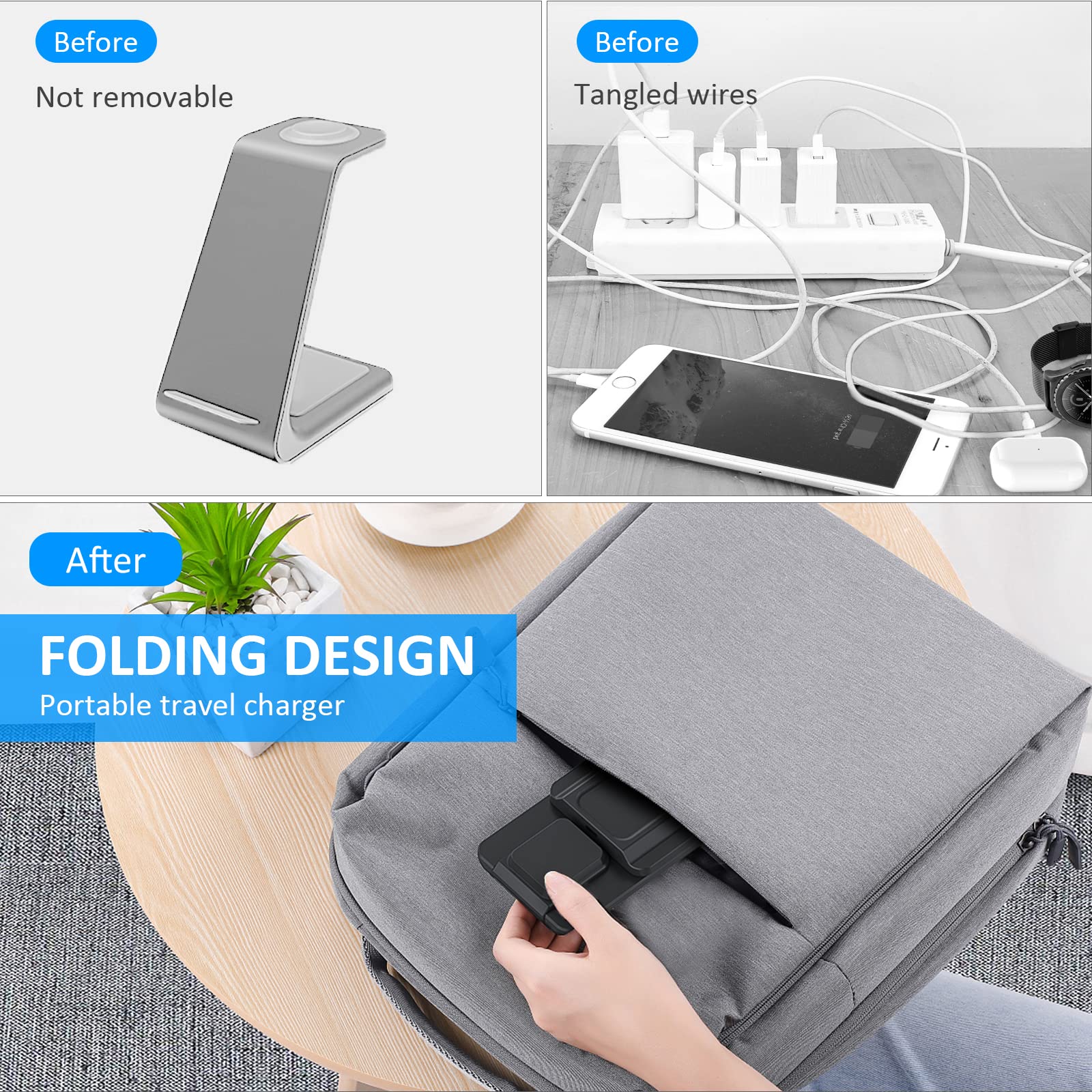 3-in-1 Foldable Wireless Charging Station - 18W Fast Charger for iPhone 16/15/14/13/12 Pro Max & Galaxy S23 - Portable Travel Charger for Apple Watch Series 9/8 & AirPods Pro/4/3/2 - Perfect for Home, Office & Travel Use