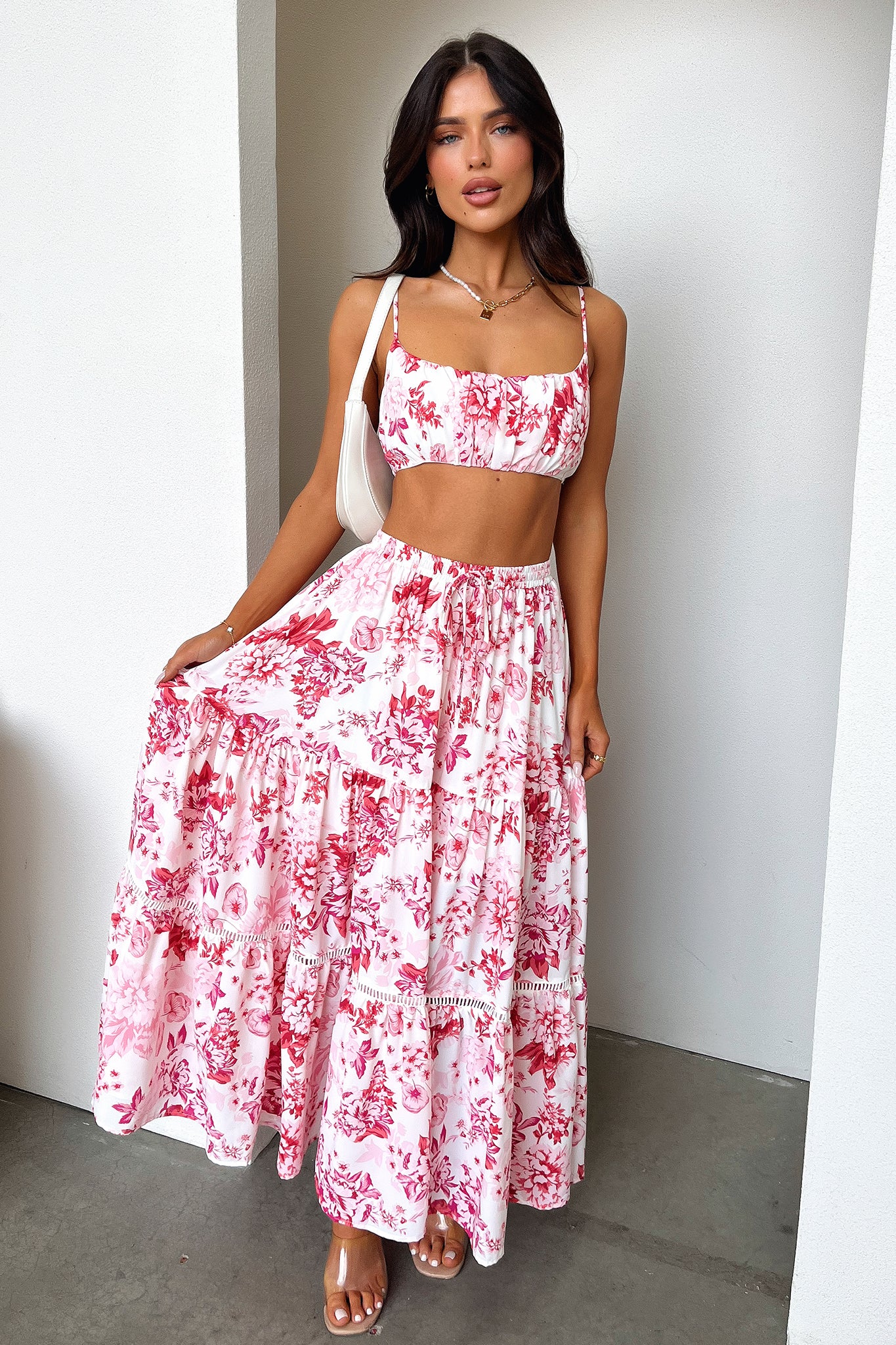 Kei Maxi Skirt - Floral Print Pink & Red Long Skirt for Women | Boho Summer Beach Dress, Vacation Outfit, Casual Elegant Fashion