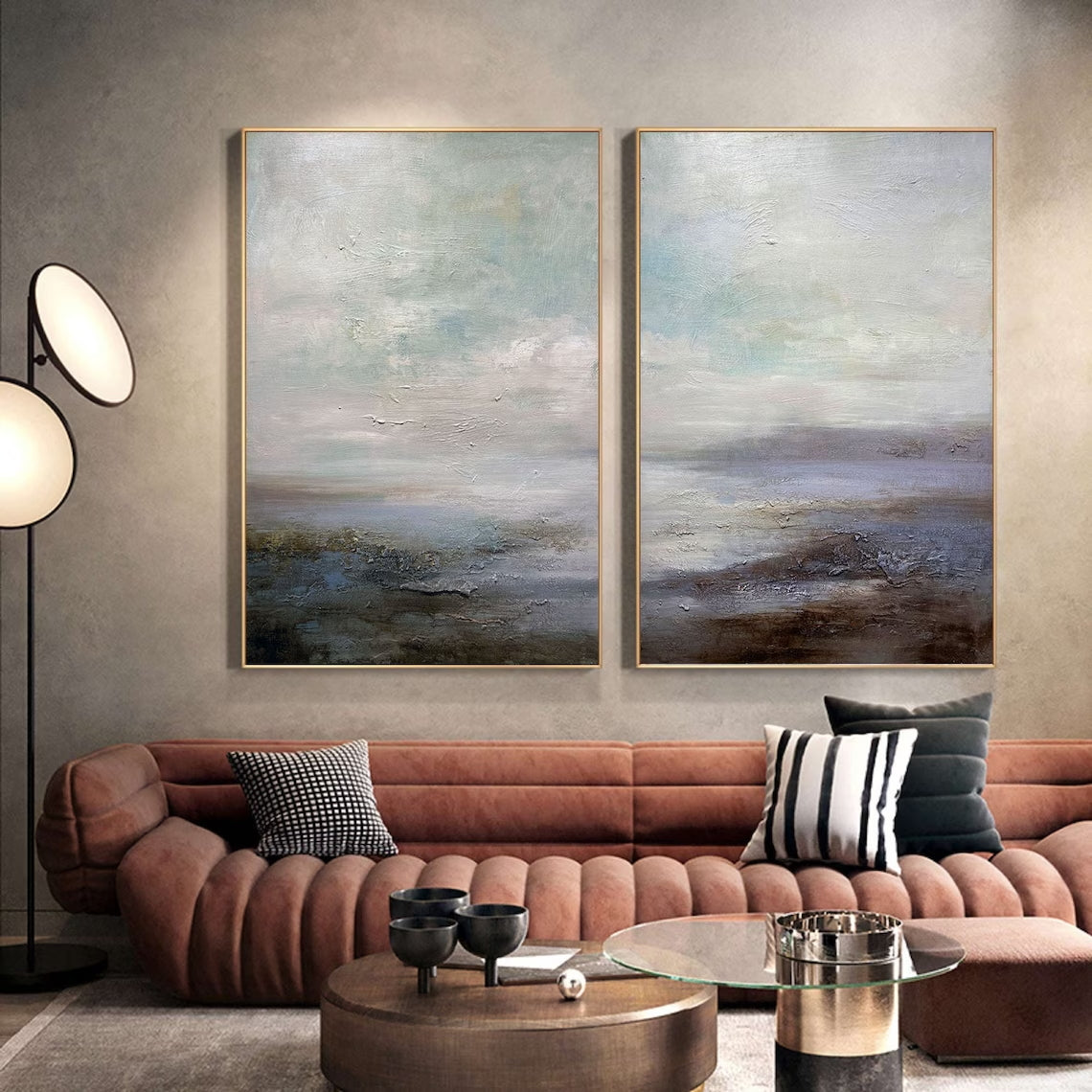 Ocean and Sky Painting Set of 2 - Handmade Wall Art for Living Room & Bedroom Decor - Coastal Themed Canvas Prints for Home Office