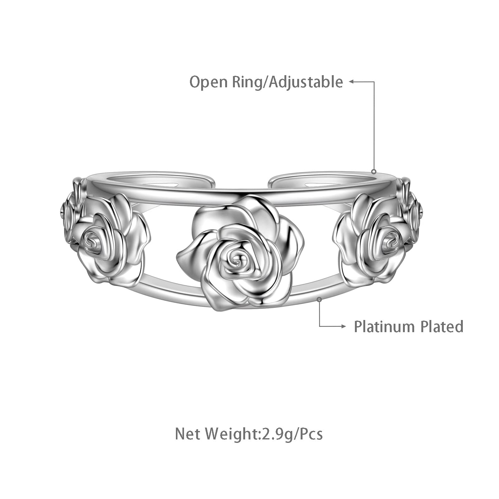Beautlace Adjustable Rose Flower Ring - Silver & Black Gun Plated Open Band, Elegant Wedding & Engagement Jewelry Gift for Women - Perfect for Valentine's Day, Anniversary & Romantic Occasions