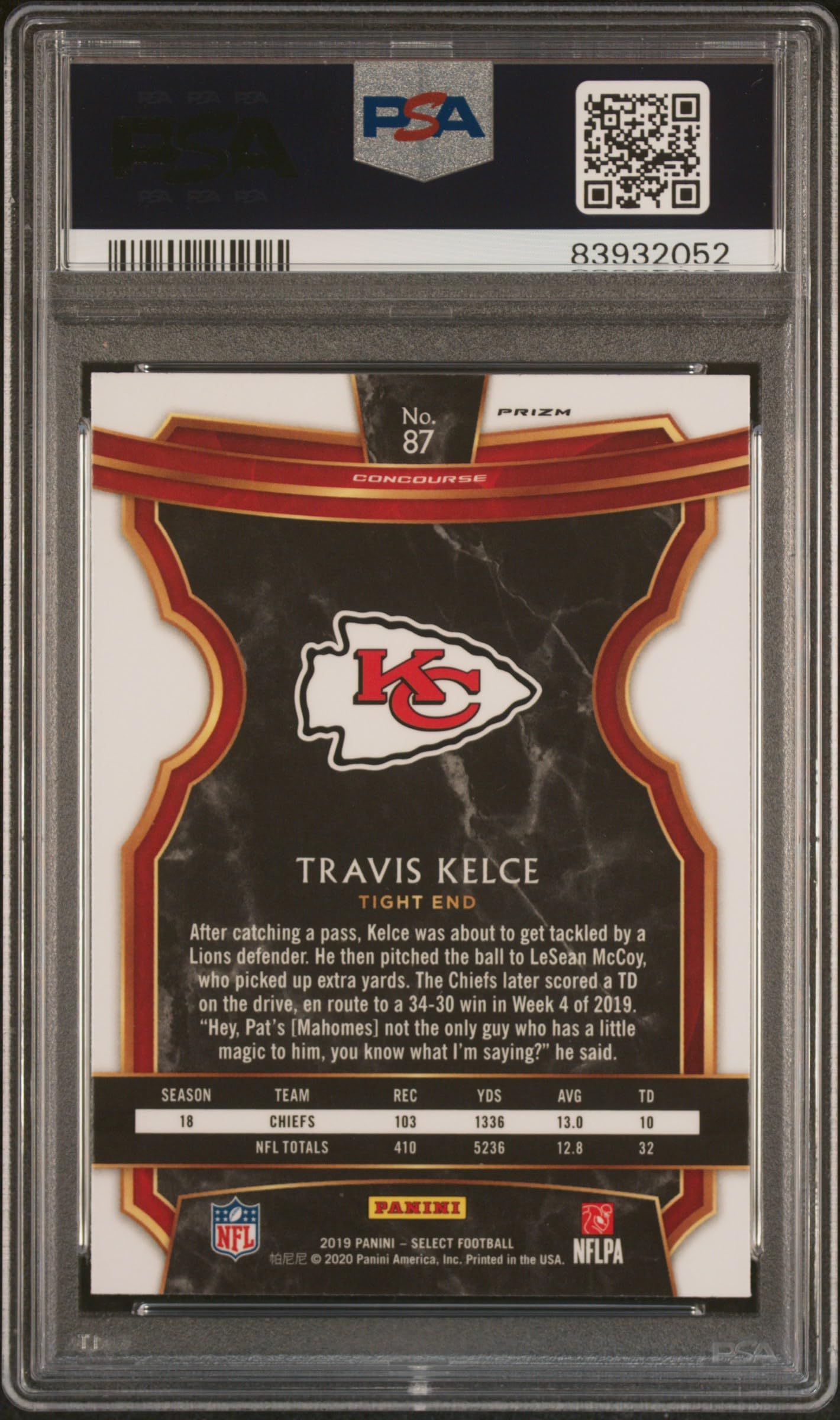 Travis Kelce 2019 Panini Select Silver Prizm Football Card #87 PSA 9 Graded - Rare Collectible for NFL Fans & Sports Memorabilia Collectors - Perfect for Display, Investment, and Fantasy Football Enthusiasts