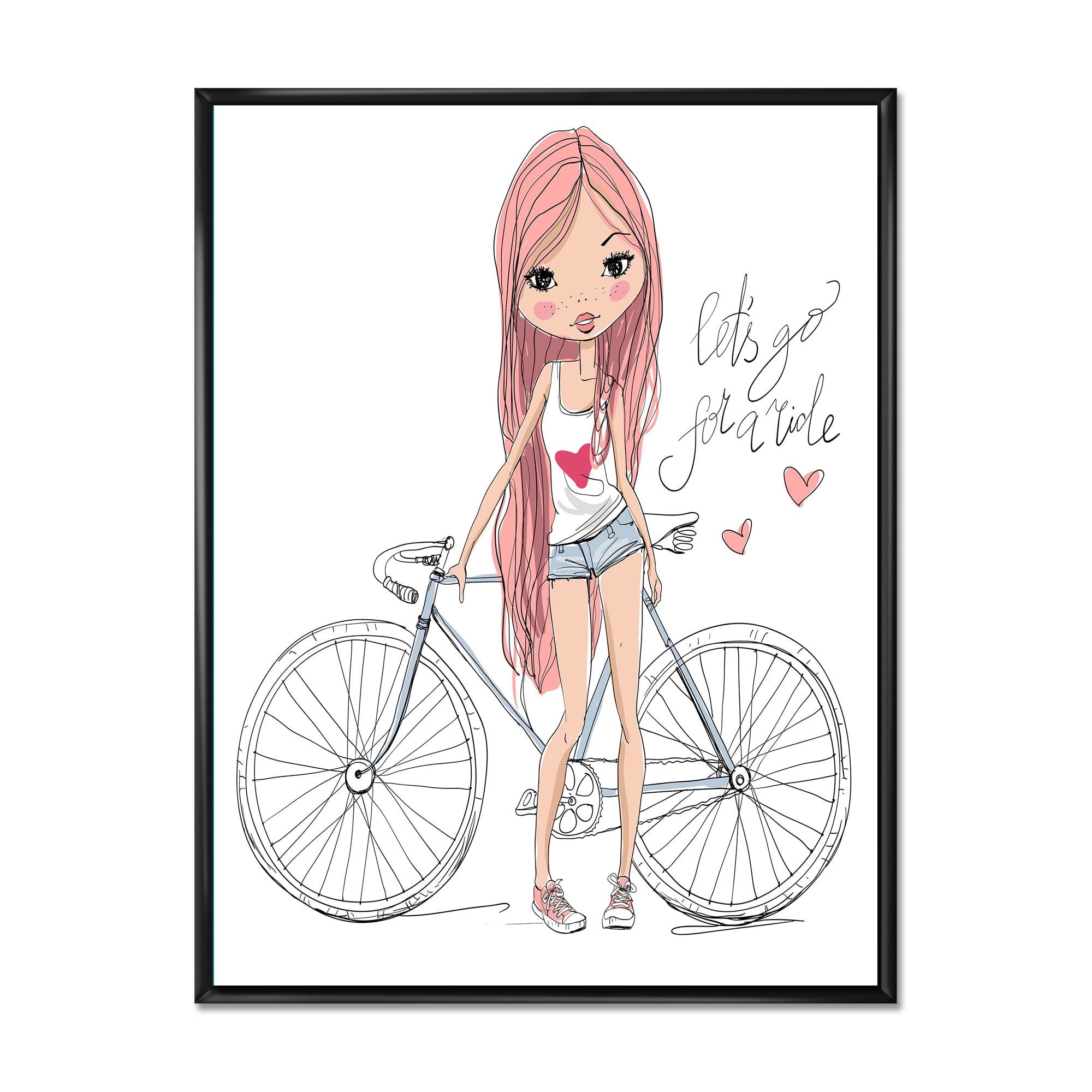 DesignQ Young Girl With Bicycle - Framed Canvas Wall Art Print for Kids Room Decor | Nursery, Bedroom & Playroom Wall Decor | Children's Artwork Gift
