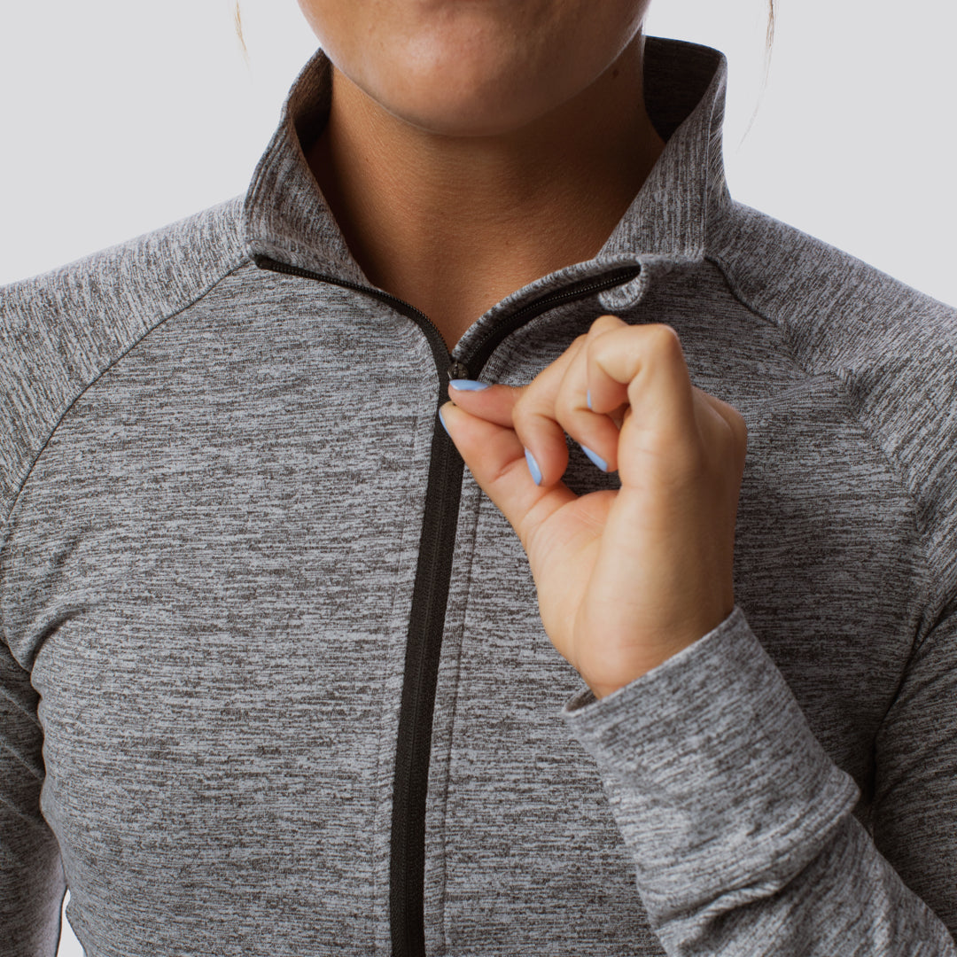 Women's Zip Neck Athleisure Long Sleeve Top - Heather Grey - Comfortable Workout & Lounge Wear for Yoga, Running & Casual Outfits