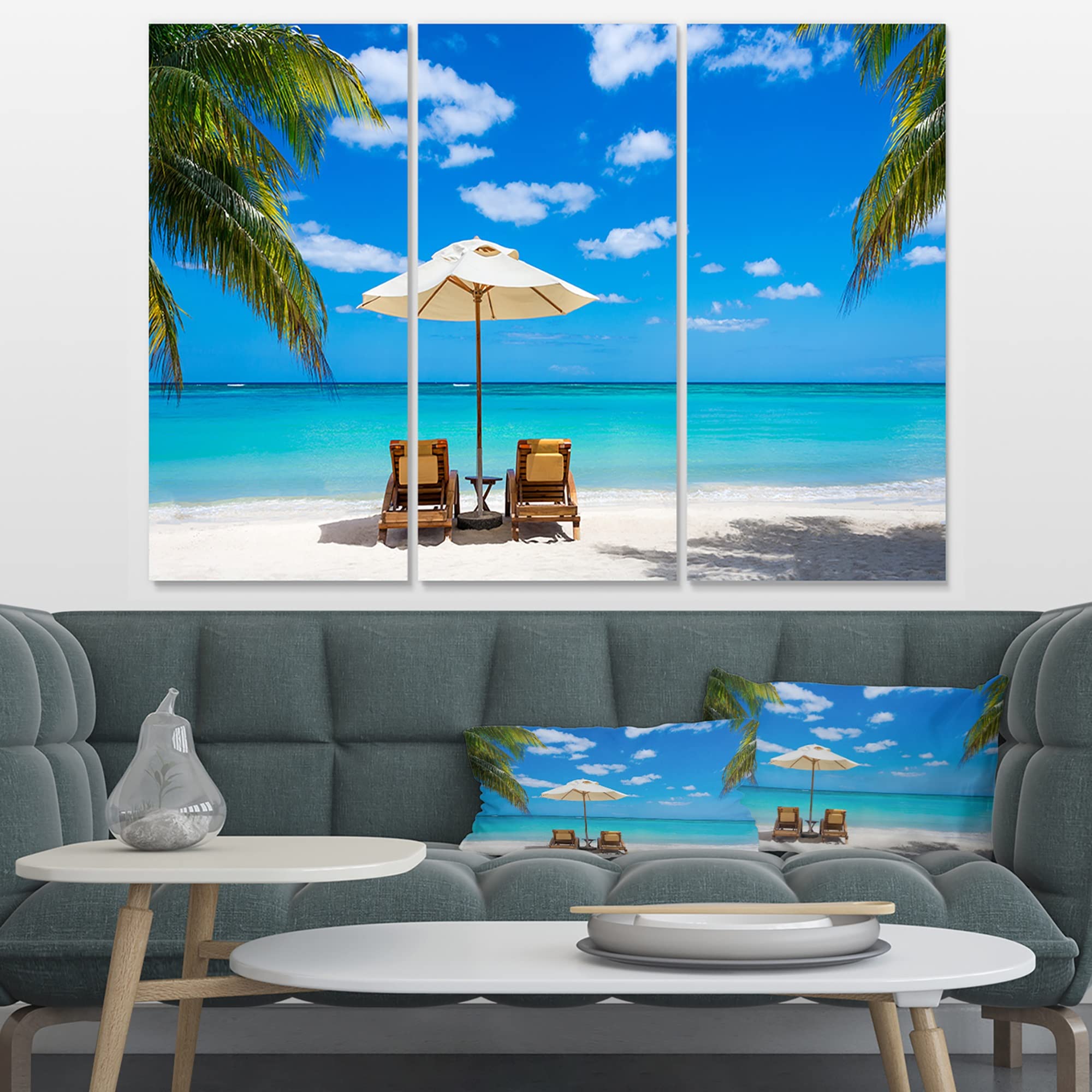 Designart Turquoise Beach with Chairs - Coastal Seascape Photo Canvas Wall Art Print - 36x28 Inches - 3-Panel Multi-Piece Canvas Painting for Living Room, Bedroom & Office Decor - Blue Ocean Beach Scene