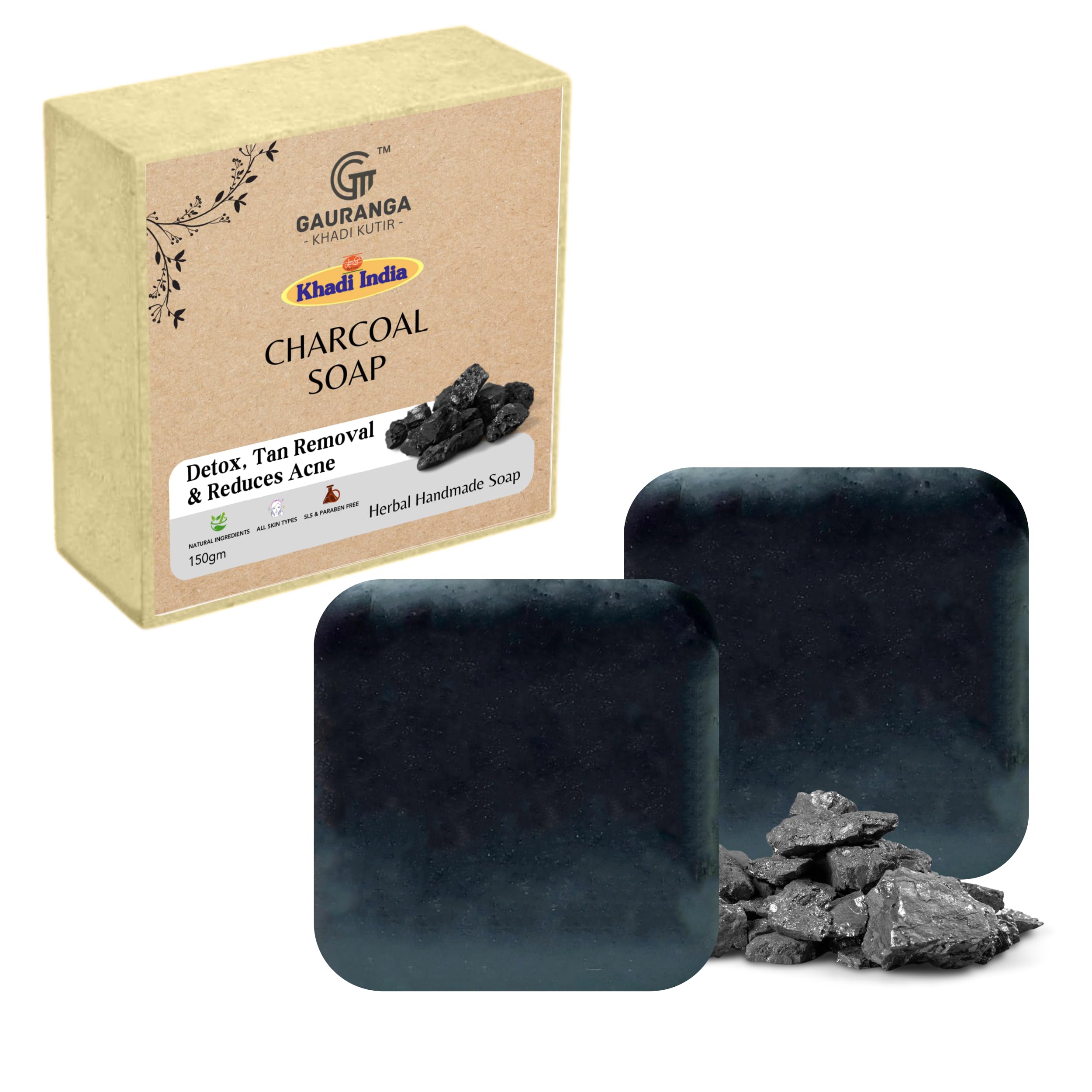 Khadi Activated Bamboo Charcoal Soap - 150g (Pack of 2) | Natural Tea Tree Oil Face & Body Soap for Acne, Dark Spots & Anti-Aging | Deep Detox, Oil Control & Skin Brightening | Handmade Premium Soap for Men & Women | Perfect for Daily Skincare Routine & Spa Treatments