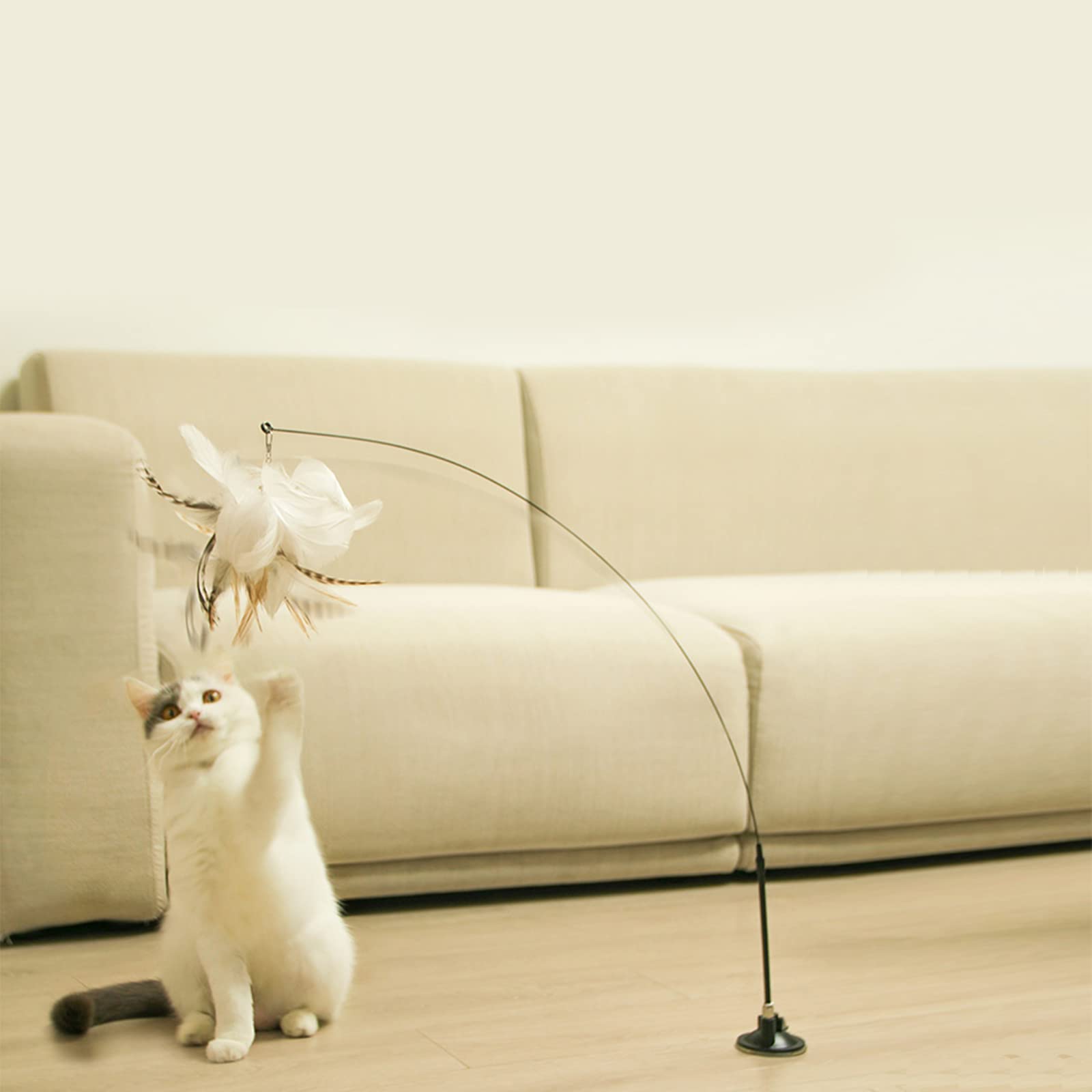 Interactive Cat Toy Wand with 6-in-1 Features - Automatic Hands-Free Feather Ball Toy for Indoor Cats - Natural Bird Feather & Suction Cup Design - Perfect for Playtime, Exercise & Bonding with Your Feline Friend