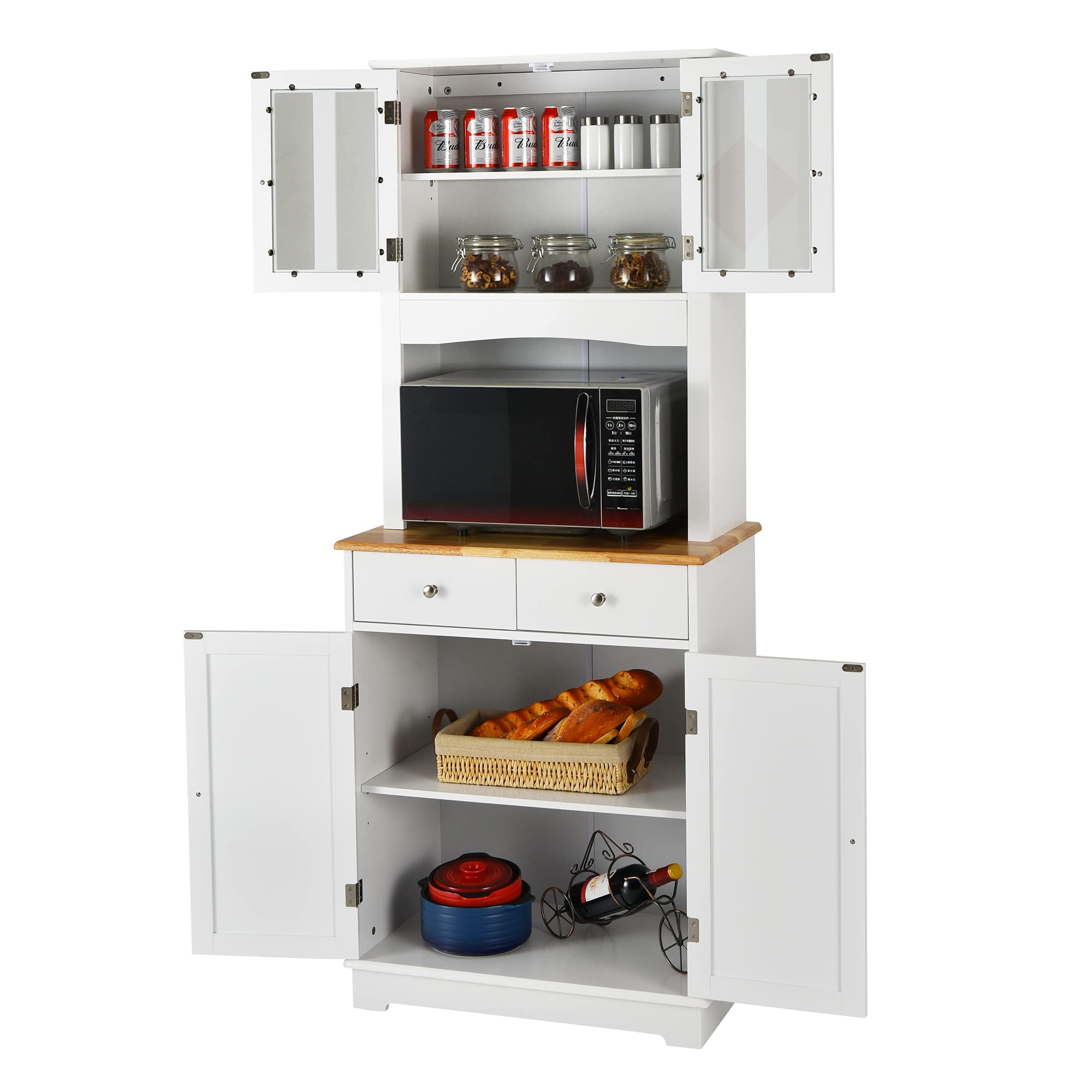 LOKO White Kitchen Hutch Cabinet with Framed Tempered Glass Doors - 27 x 16 x 67 Inches Kitchen Pantry Storage with Adjustable Shelves, Flat Countertop & 2 Drawers - Perfect for Small Kitchens, Dining Rooms & Apartment Storage Solutions