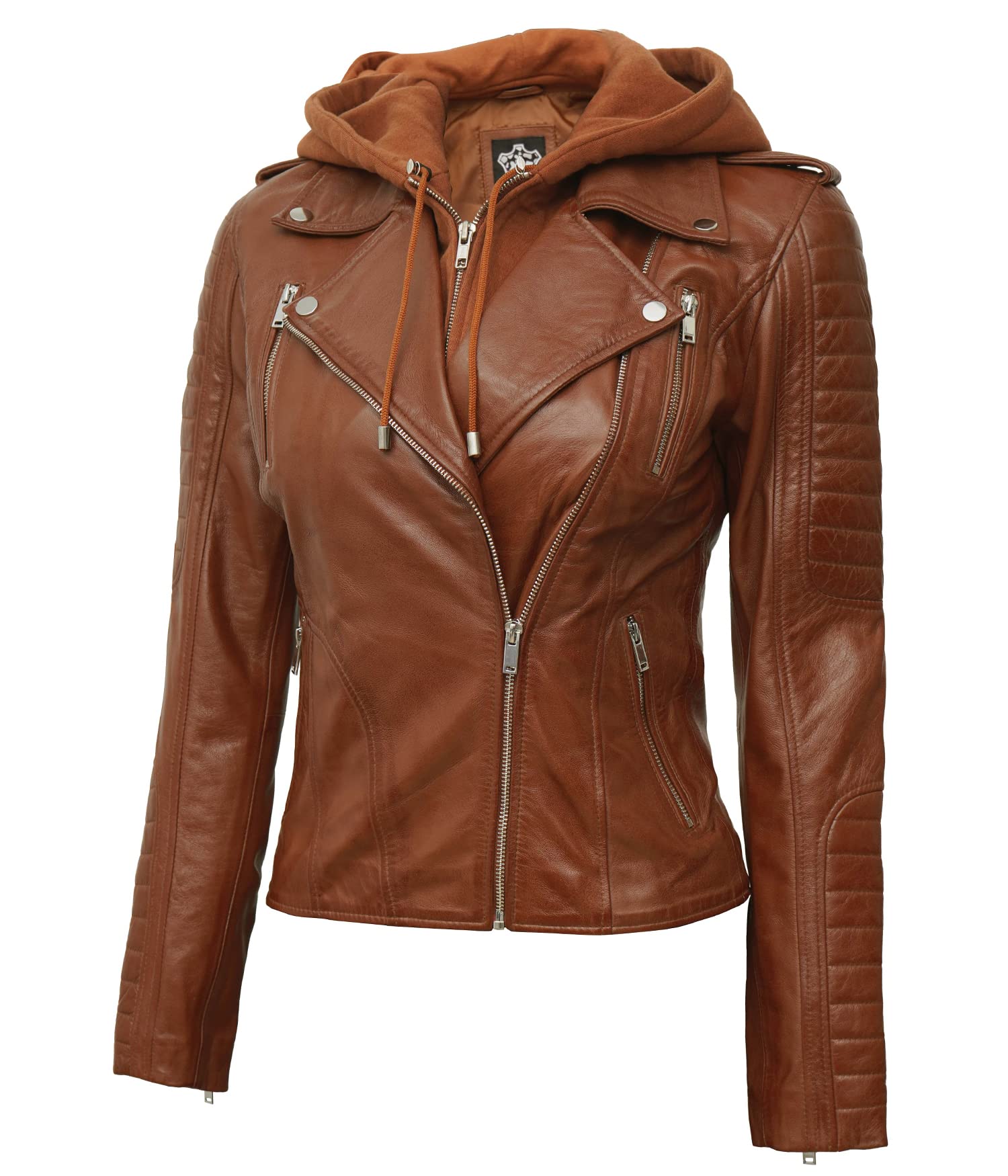 Decrum Women's Real Lambskin Leather Jacket with Removable Hood - Brown & Black Casual Biker Jacket for Women | Perfect for Motorcycle Riding, Fall Fashion & Everyday Wear
