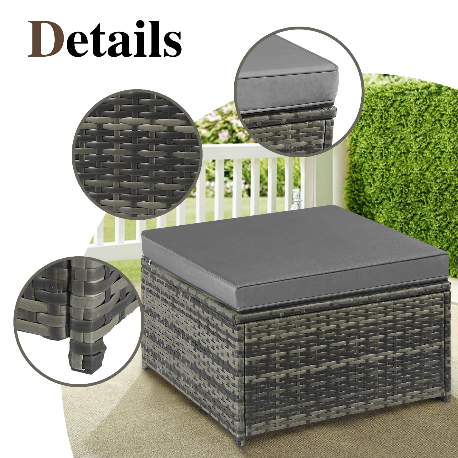 All-Weather PE Rattan Outdoor Ottoman Footstool with Removable Cushion - Gray Wicker Patio Footrest Seat for Garden, Poolside & Deck Relaxation