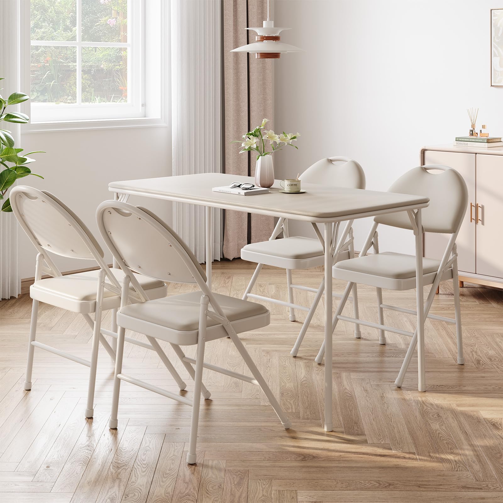 IDEALHOUSE 5-Piece Portable Folding Table and Chairs Set - Foldable Card Table with PU Upholstered Chairs for Dining Room, Living Room, Office, Camping & Outdoor Events (Beige) | Perfect for Game Nights, Picnics, and Small Space Living