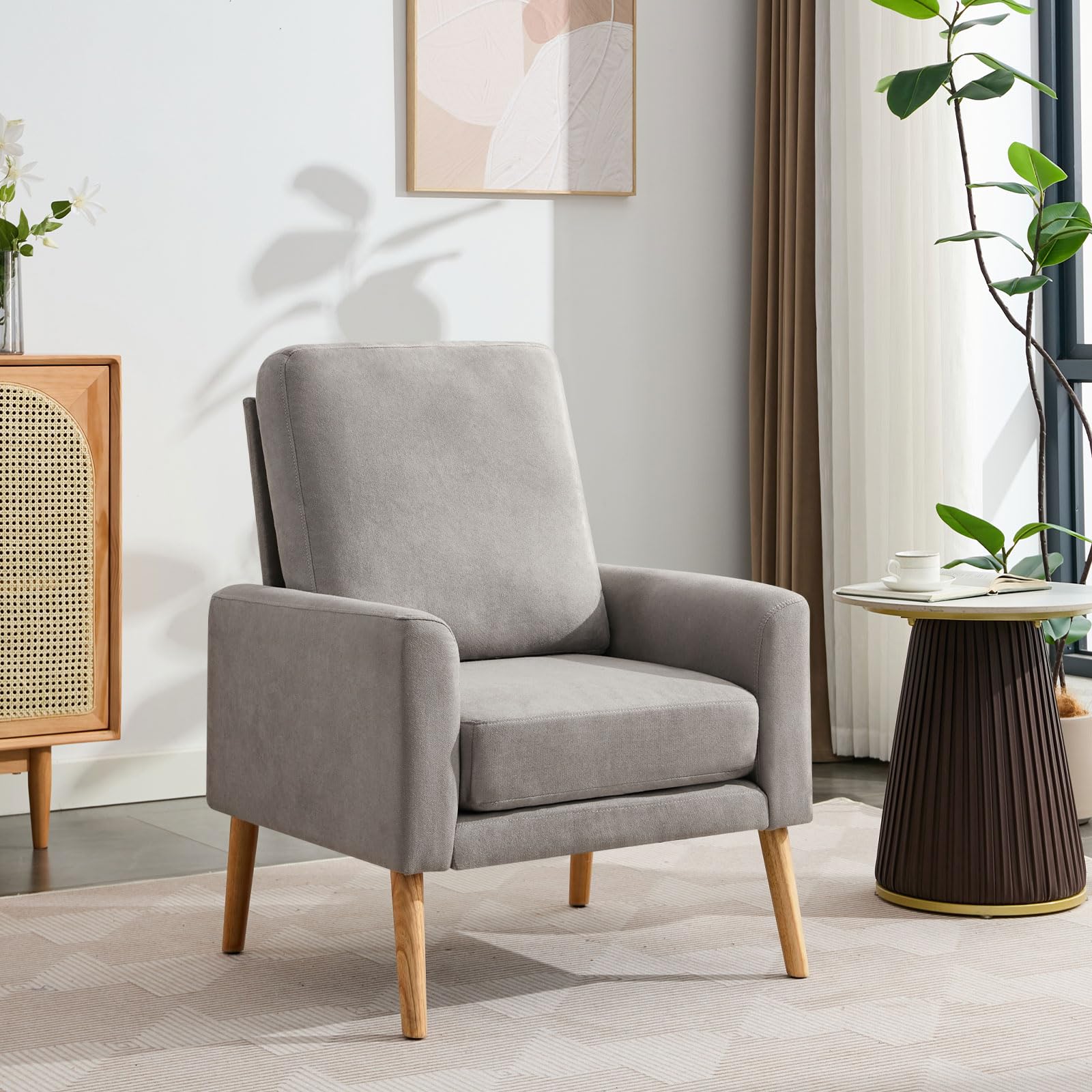 Modern Accent Chair with Thick Padded Cushion - Wooden Leg Armchair in Blue for Living Room, Bedroom, Office & Cafe - Perfect for Relaxing, Reading & Home Decor