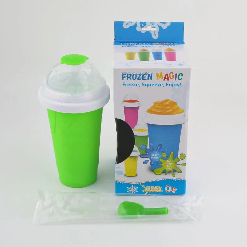**Quick Frozen Magic Slushy Maker Cup - Portable Smoothie & Ice Cream Cup with Spoon & Straw (Green) - Perfect for Summer Drinks, Kids Snacks & Party Treats**