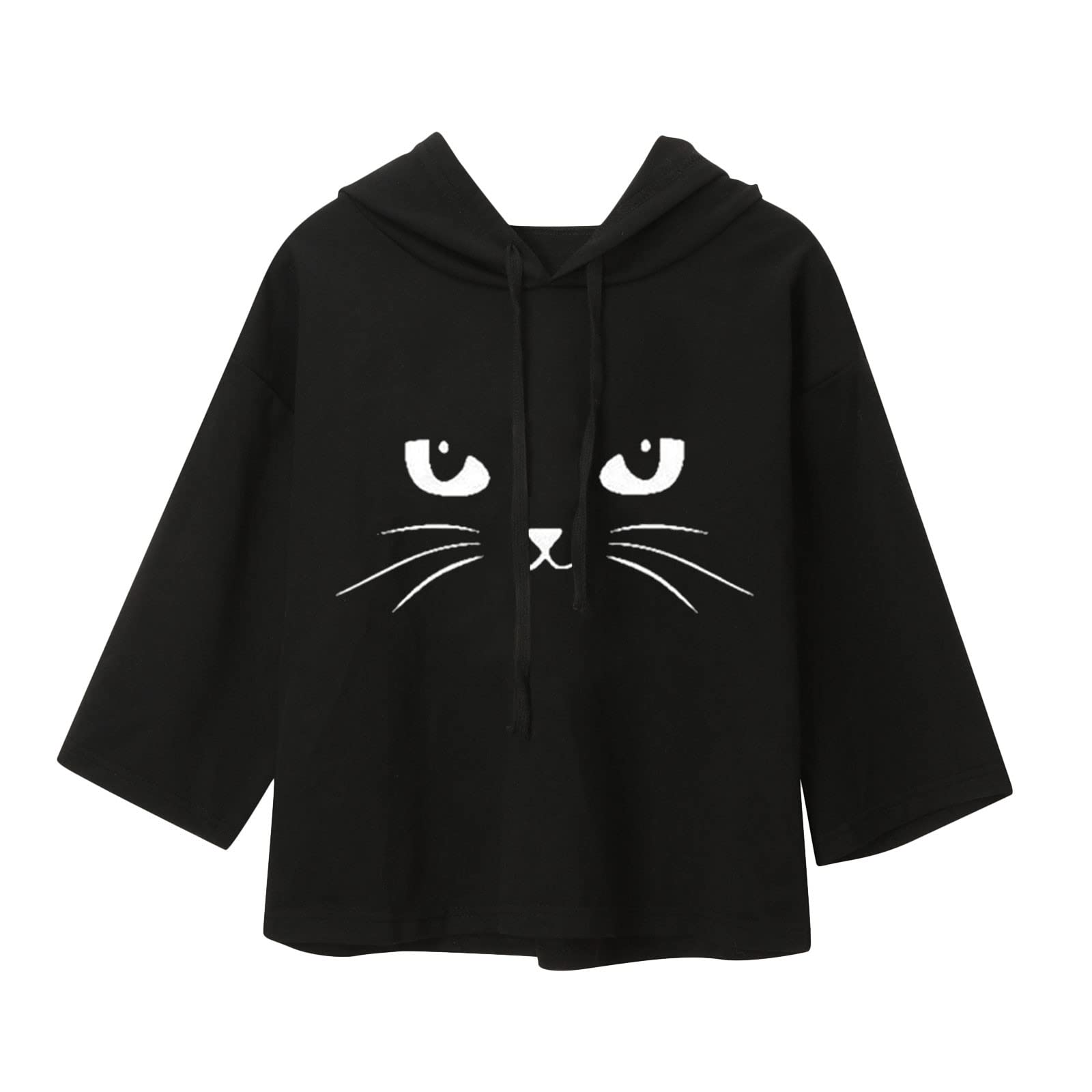Women's Summer Cat Print Hooded Sweater Top - Casual Cropped Sleeve Pullover for Streetwear & French Style Outfits | Perfect for Beach Days, Music Festivals and Cozy Evenings