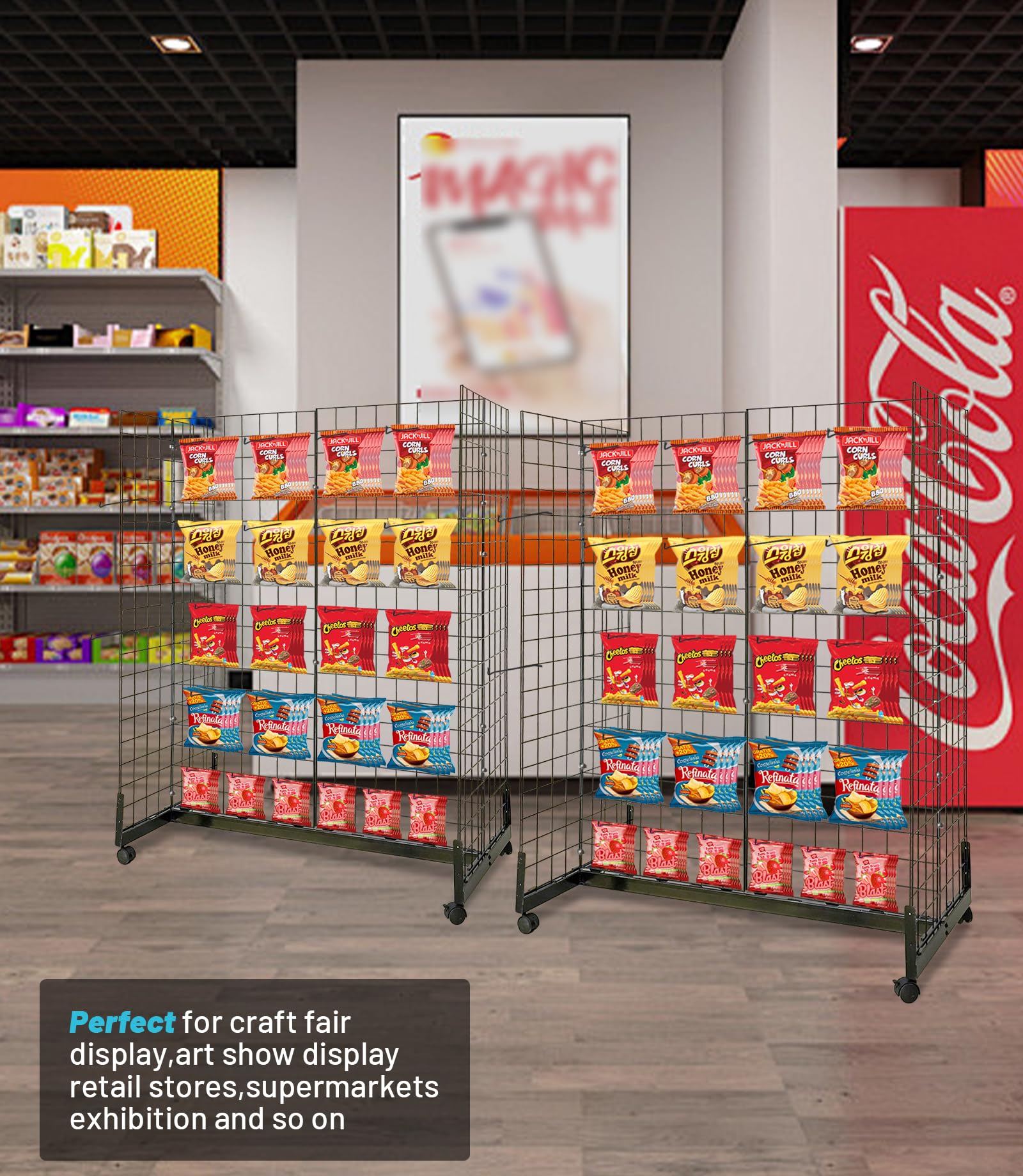5' x 2' Metal Grid Wall Shelf Display Stand with Rolling Base - Detachable Gridwall Panels for Retail Store, Boutique & Trade Show Displays - Perfect for Clothing, Jewelry & Accessories Organization