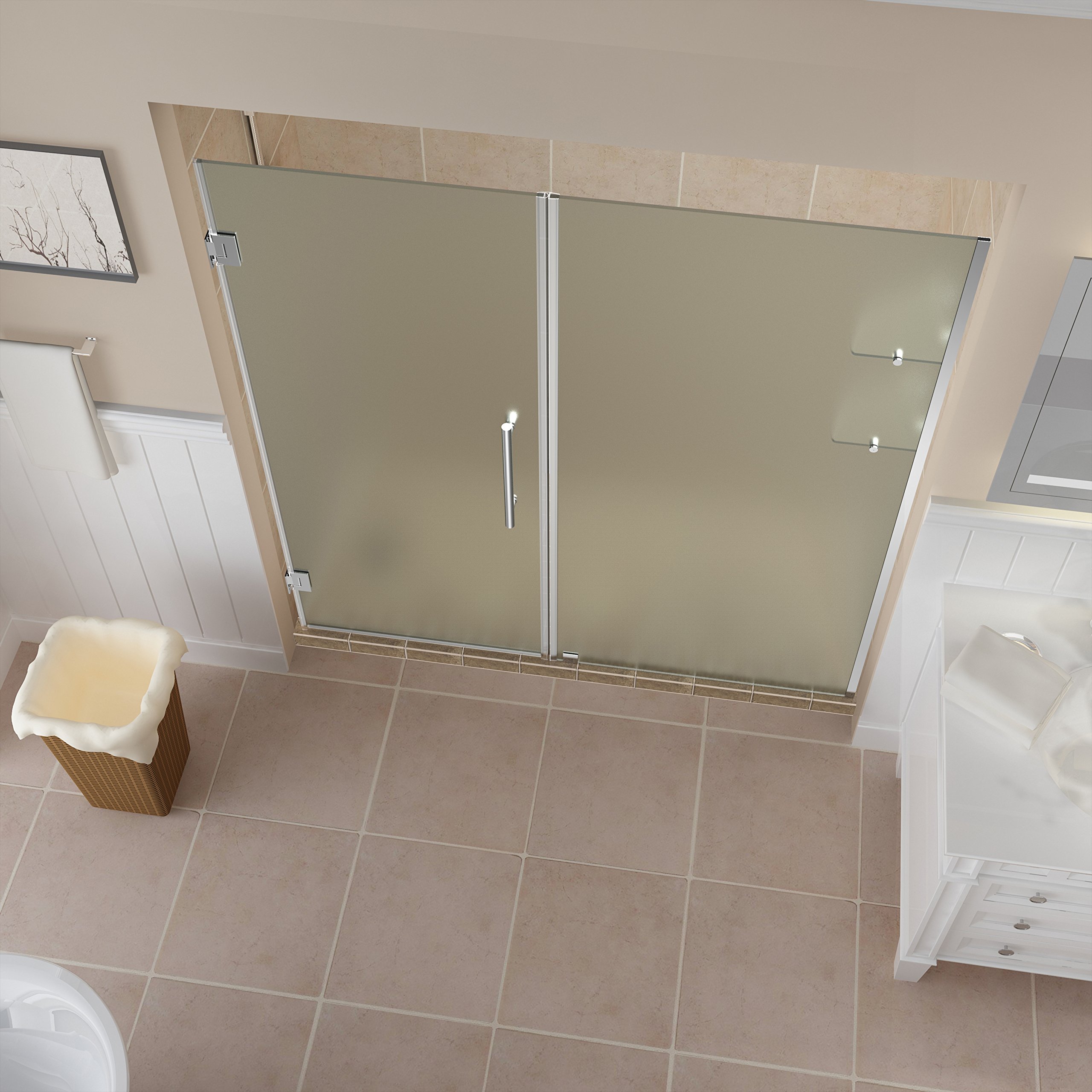 Frosted Glass Frameless Hinged Shower Door with Shelves - Aston Belmore GS Series | Perfect for Modern Bathroom Renovations & Spa-Like Showers