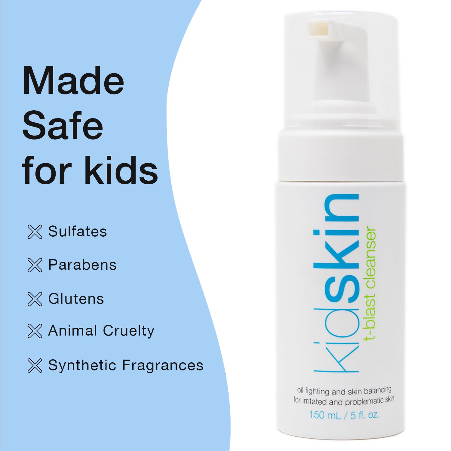 Kidskin T-Blast Facial Cleanser - Gentle Tea Tree Oil Face Wash for Kids & Teens | Natural Acne Treatment for Oily, Dry & Sensitive Skin | 150ml/5oz | Perfect for Daily Skincare Routine & Teenage Acne Care