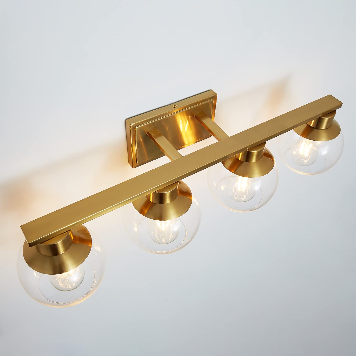 PAZALA Brushed Brass Bathroom Light Fixture - 4-Light Vanity Wall Sconce with Globe Glass Shade, E26 Base - Modern Over Mirror Lighting for Bathroom, Bedroom & Hallway - Dimmable Vanity Lights for Makeup, Shaving & Ambient Lighting