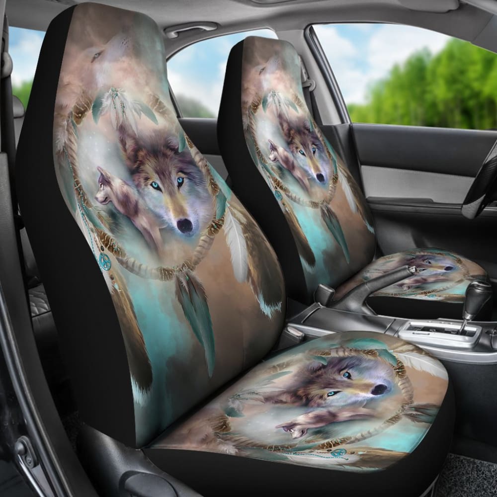 Premium Blue Eyes Wolf Dreamcatcher Car Seat Covers - Universal Fit for Cars, SUVs & Trucks - Native American Inspired Design for Home & Office Decor
