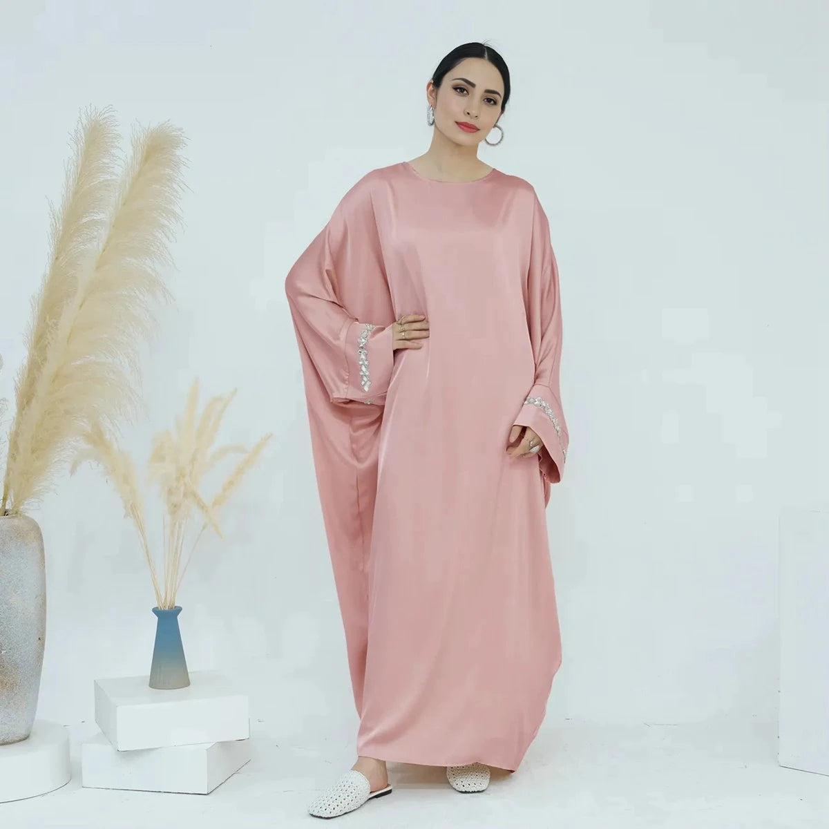Hotfix Rhinestone Satin Abaya Dress #25814 - Elegant Islamic Evening Gown for Women, Perfect for Weddings, Parties & Special Occasions