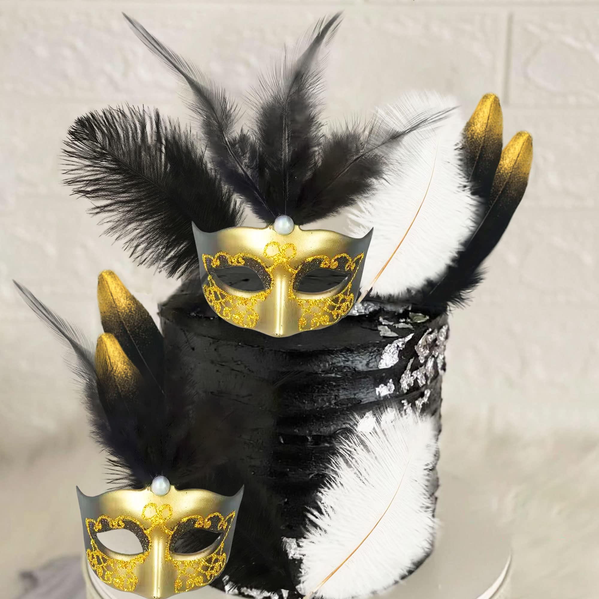 JeVenis Art Deco Cake Mask - Black Gold Masquerade Mask with Feathers for Gatsby Themed Prom Cakes, Wedding Cakes & Party Dessert Decorations | Perfect for 1920s Inspired Events, Birthday Parties & Elegant Celebrations