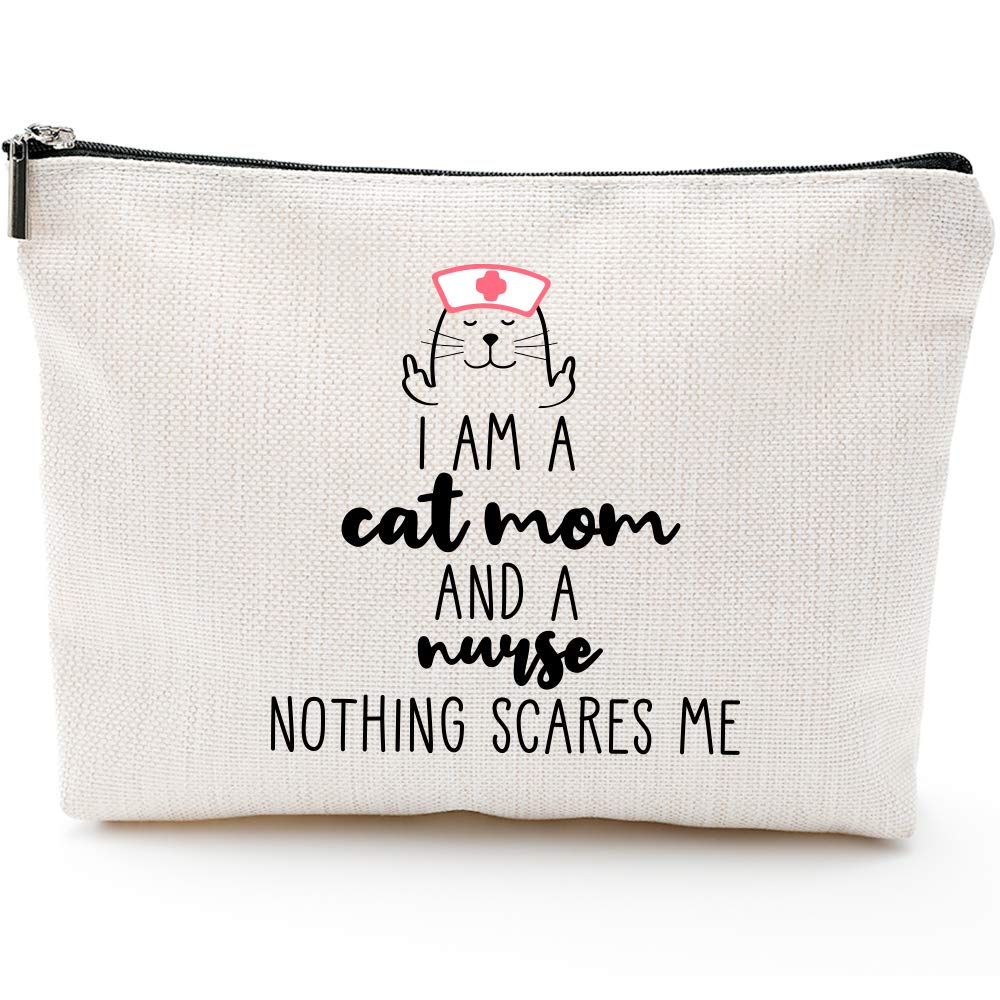 Funny Nurse Makeup Bag - 'I Am Cat Mom And Nurse Nothing Scares Me' - Perfect Gift for Cat Lovers, Nurses & Mothers Day - Great for Work, Travel & Daily Use