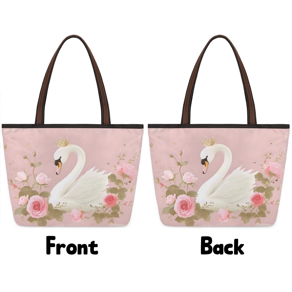 Elegant Swan Roses Floral Tote Bag for Women - Zippered Work & Travel Handbag - Perfect for Office, Commute, and Weekend Getaways