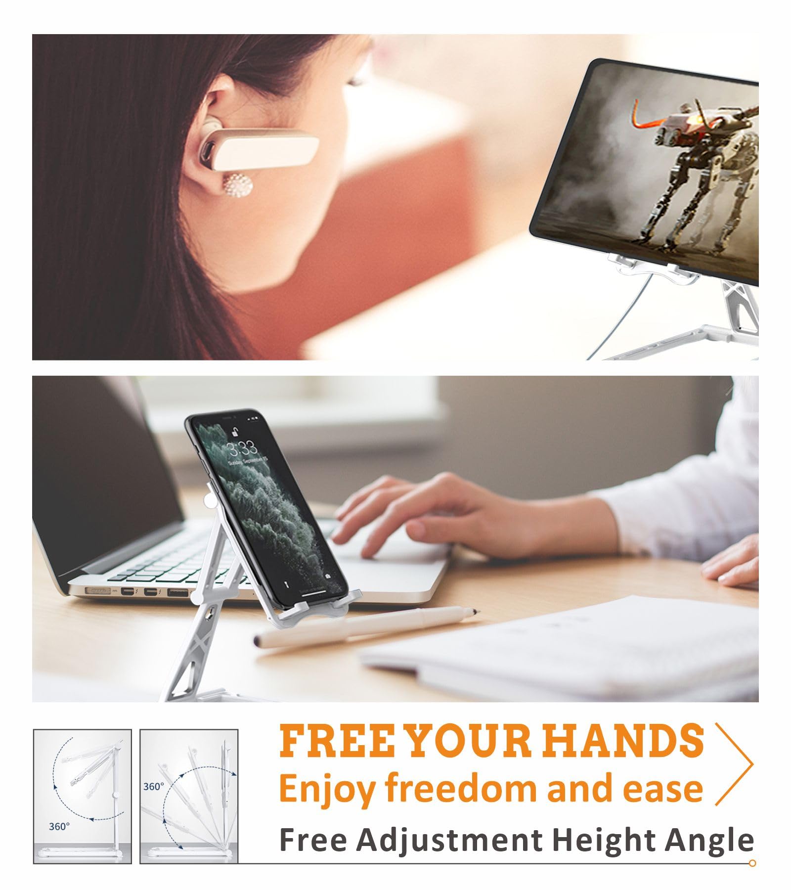 BEESTING Foldable Adjustable Phone Stand for Desk - Portable Cell Phone & Tablet Holder for 4-12 Inch Devices - Black | Perfect for Watching Videos, Video Calls & Hands-Free Use at Home/Office/Travel
