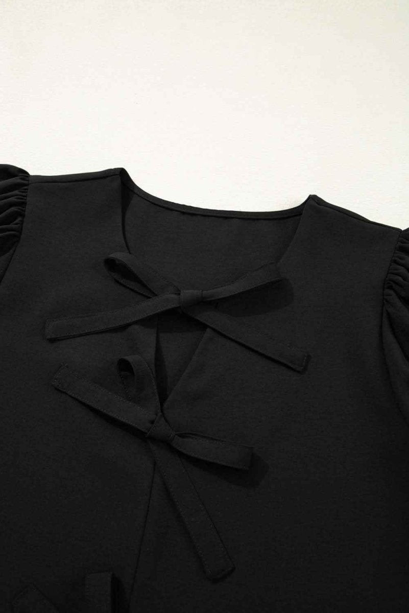 Elegant Black Peplum Blouse with Puff Sleeves & Bow Tie Detail - Perfect for Office Wear, Date Nights & Special Occasions