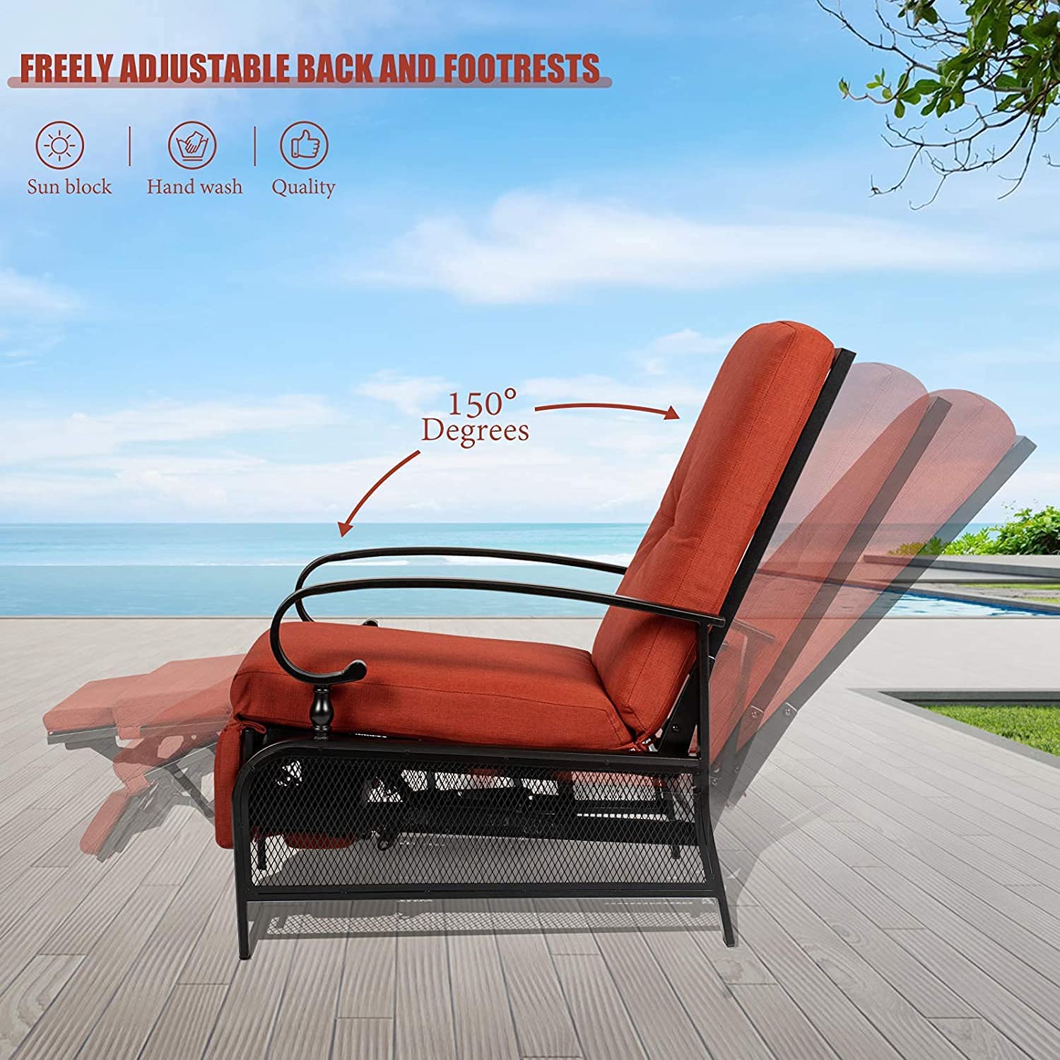 Oakcloud Adjustable Outdoor Lounge Chair - Metal Patio Recliner with Removable Cushions (Red) - Perfect for Backyard, Poolside & Beach Relaxation