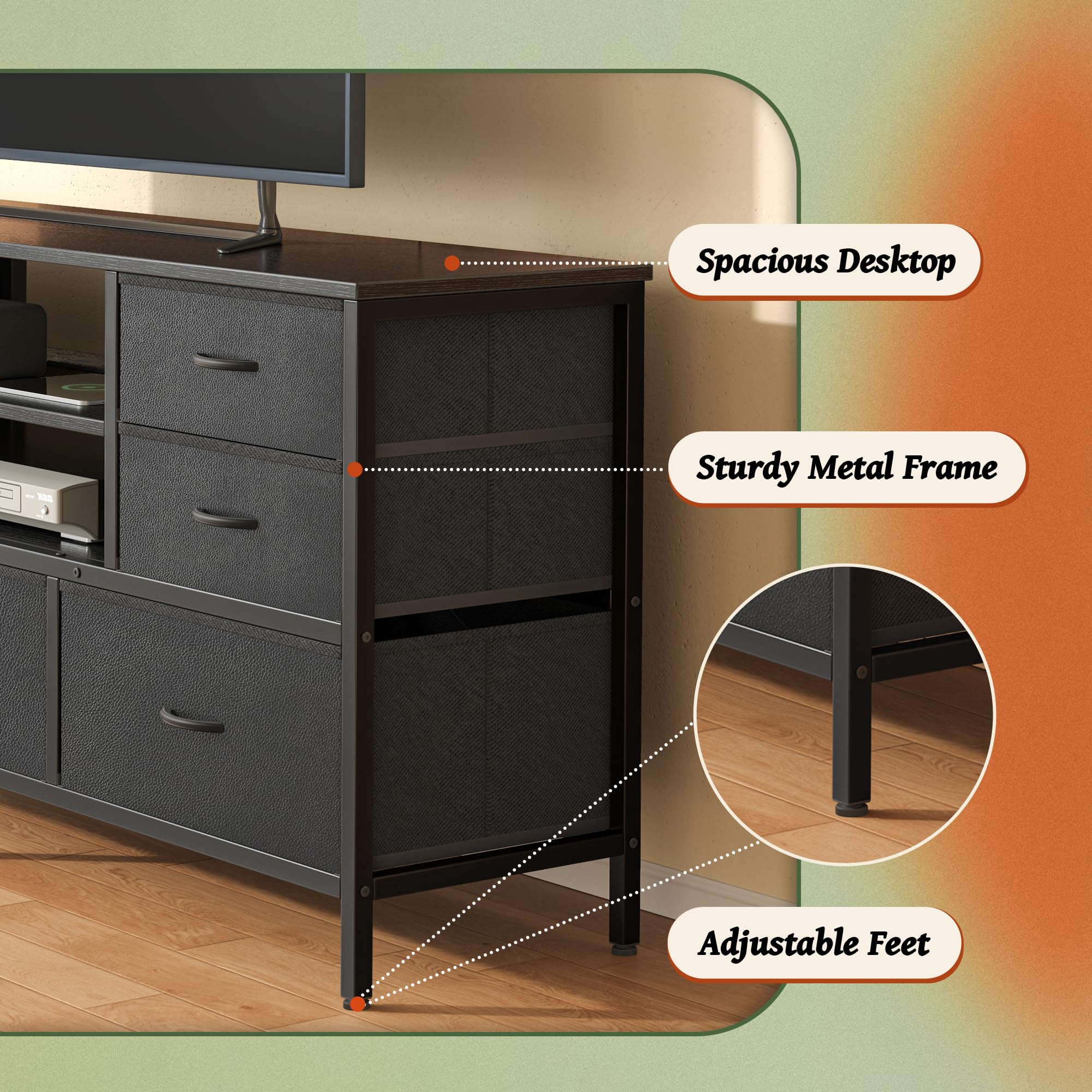 7-Drawer TV Stand Dresser with Power Outlets & LED Lights - 55 Inch TV Console for Bedroom & Living Room