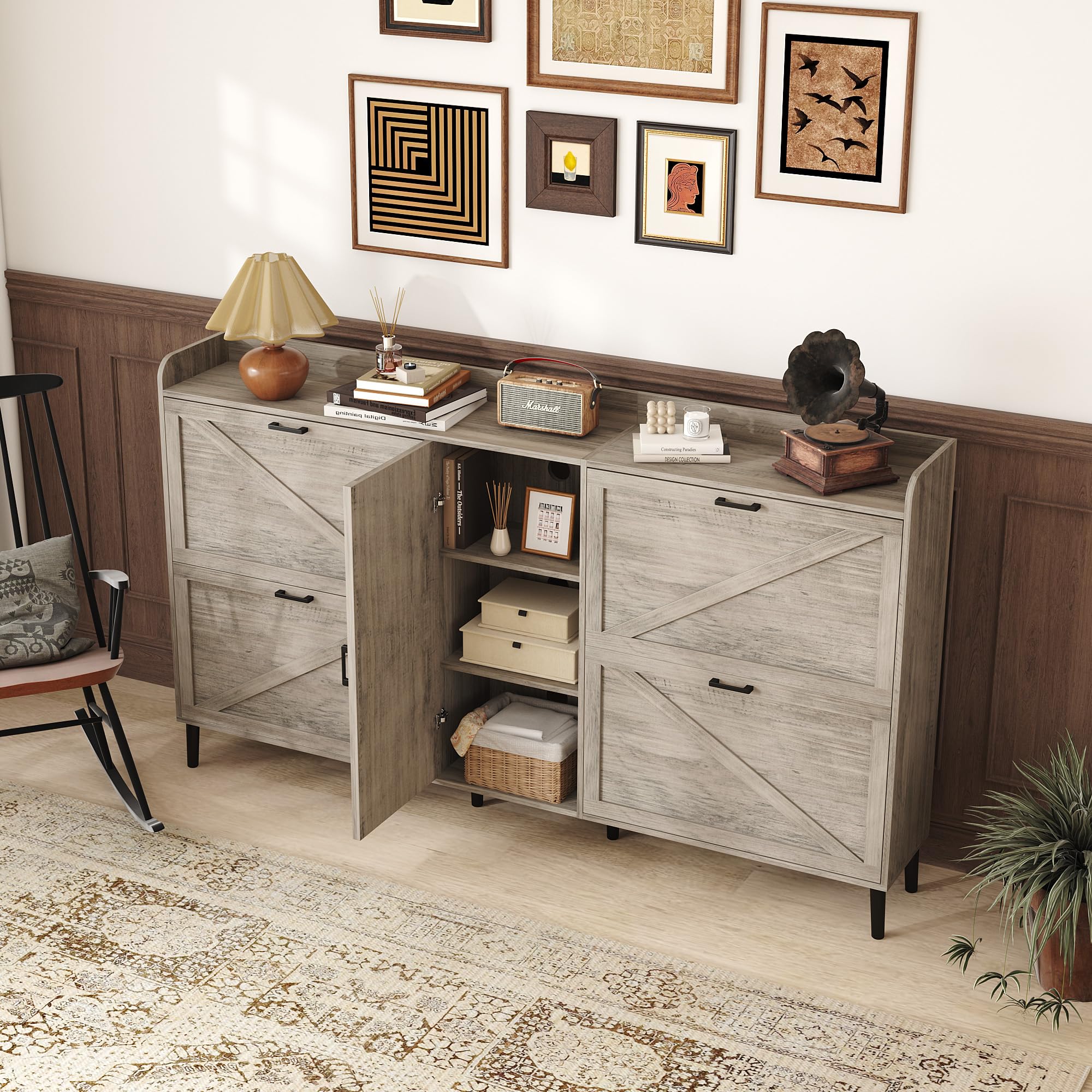 HOMEFORT Large Shoe Cabinet with 4 Flip Drawers - Farmhouse Narrow Entryway Shoe Organizer | Adjustable Side Cabinet for Boot Storage | 6 Wood Legs in Washed Gray | Perfect for Small Spaces, Hallways & Mudrooms
