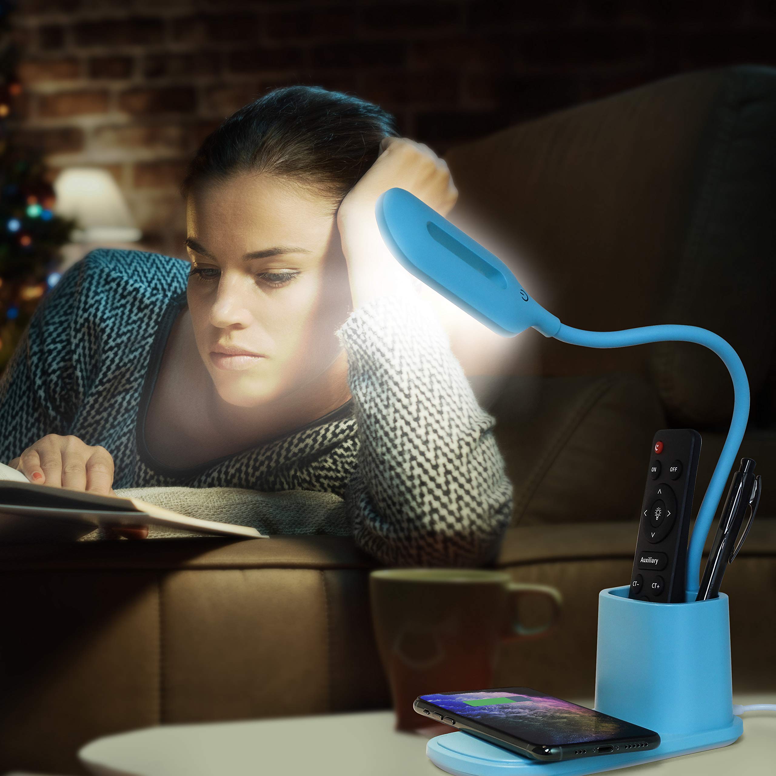 Aduro U-Light LED Desk Lamp with Wireless Charger - Dimmable Eye-Caring Study Lamp with Organizer, 3 Brightness Levels & USB Port - Perfect for Home Office, Reading & Nightstand Use (Blue)