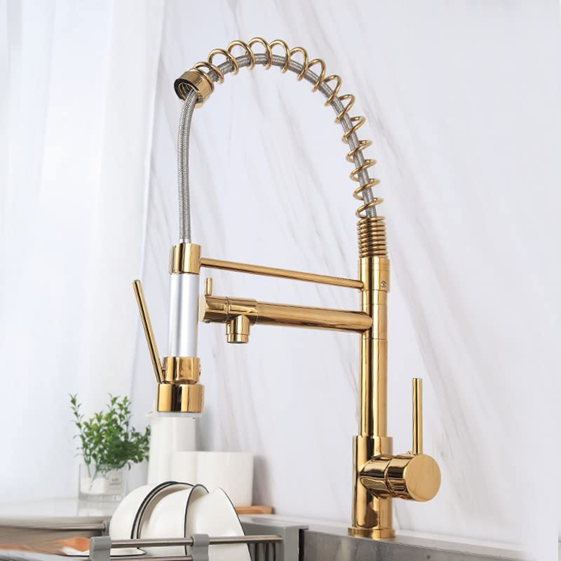 Premium Brass Mixer Tap for Kitchen Sink - Pull Out Sprayer Faucet with 2-Water Flow & 360° Rotation - Hot & Cold Water Mixer - Table Mounted Gold Finish - Ideal for Modern Kitchens, Restaurants & Food Prep Areas