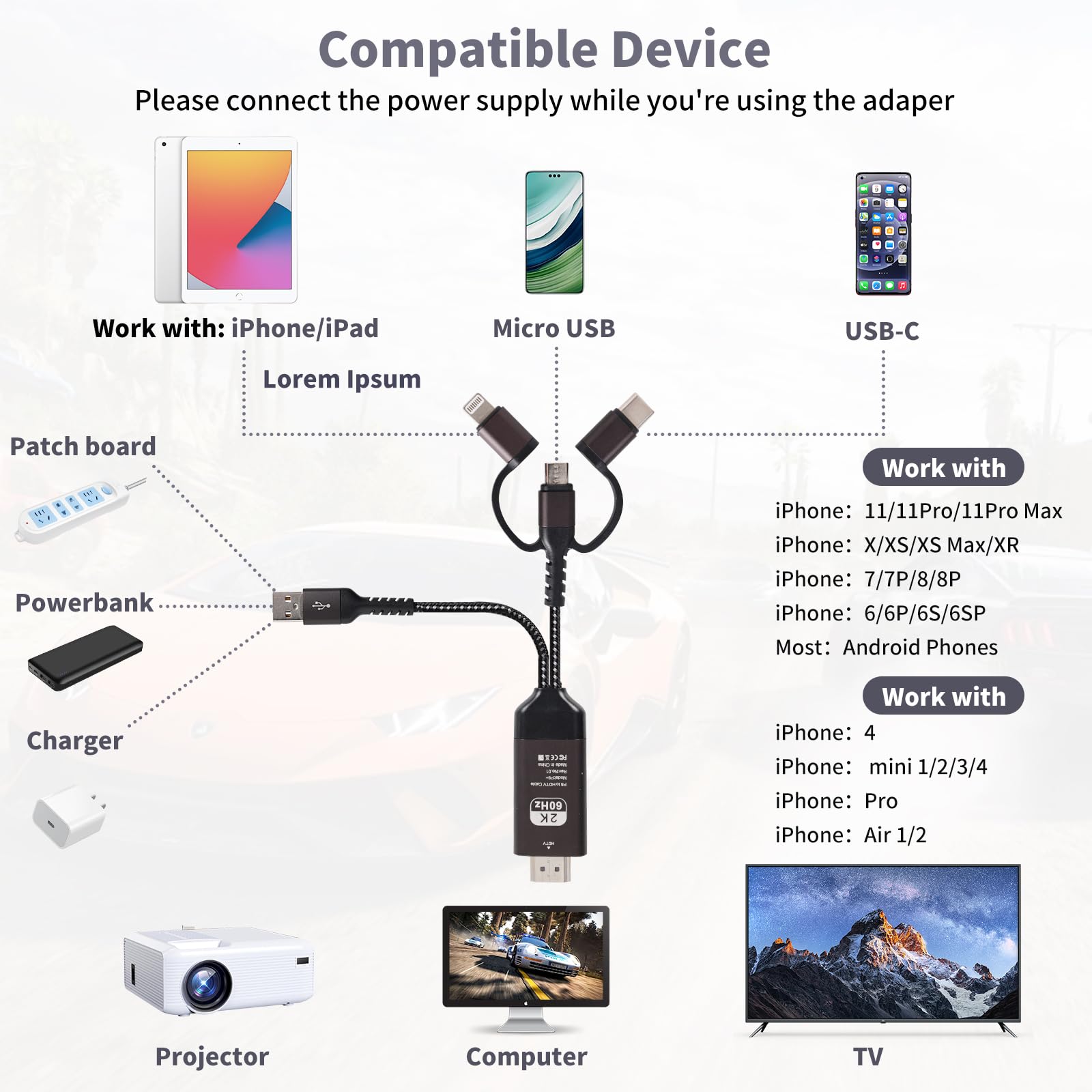 2K 60Hz HDMI Cable Adapter - 1080P Type C to TV Converter for Android Phone, 3-in-1 Multi-Function Plug & Play - Compatible with Roku TV, PS5, HDTV, Blu-ray - Perfect for Home Theater, Gaming & Presentations