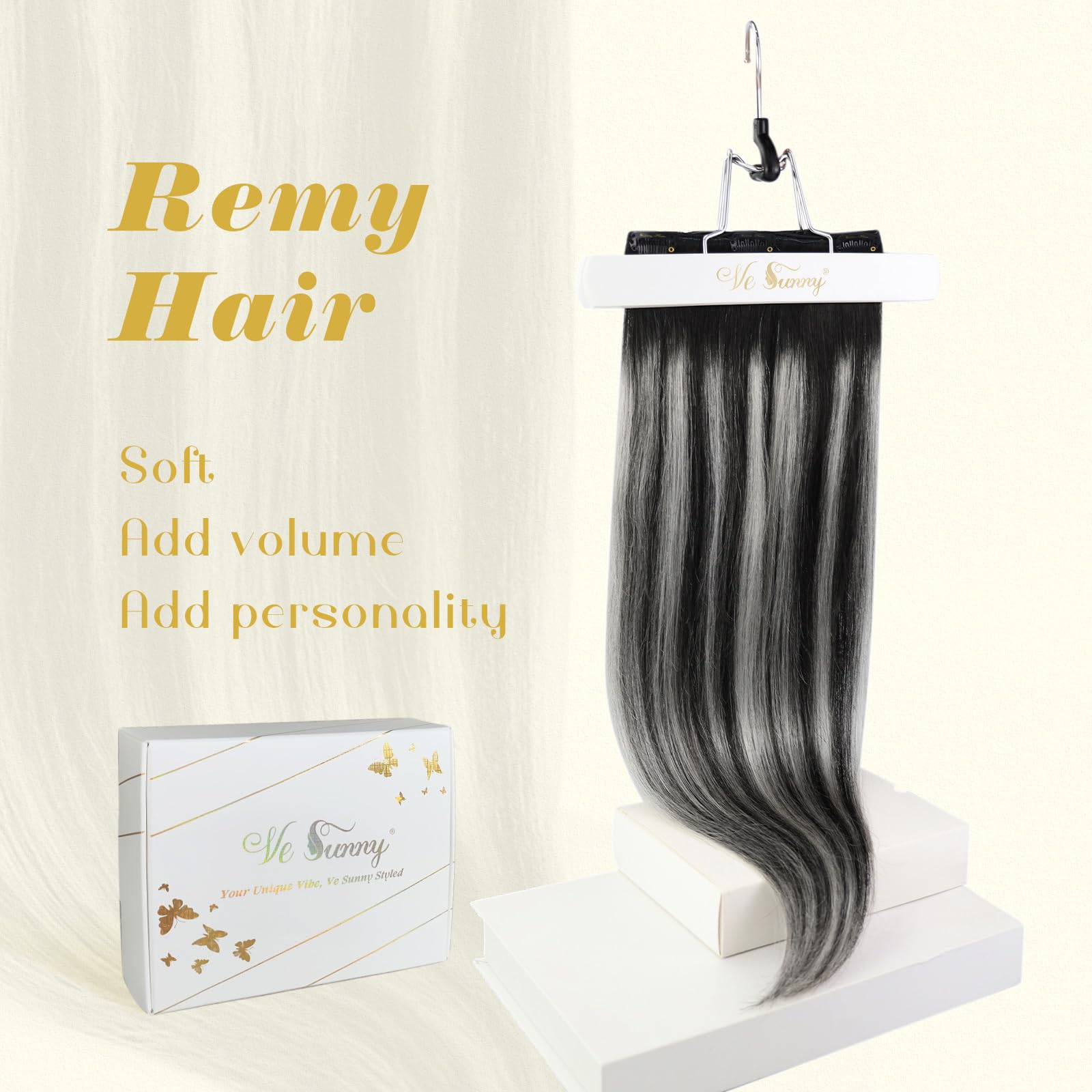 Ve Sunny Ombre Clip-in Hair Extensions 20 Inch - 7pcs 120g Real Human Hair, Natural Black to Grey Silver Ombre - Perfect for Women's Daily Styling, Parties & Special Events