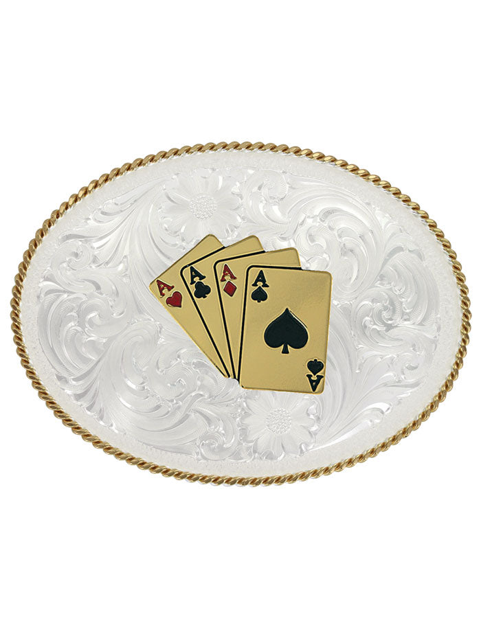 Montana Silversmiths 840F 911L Four Aces Classic Western Belt Buckle - Genuine Silver Cowboy Accessory for Rodeo, Country Music Festivals & Western Fashion