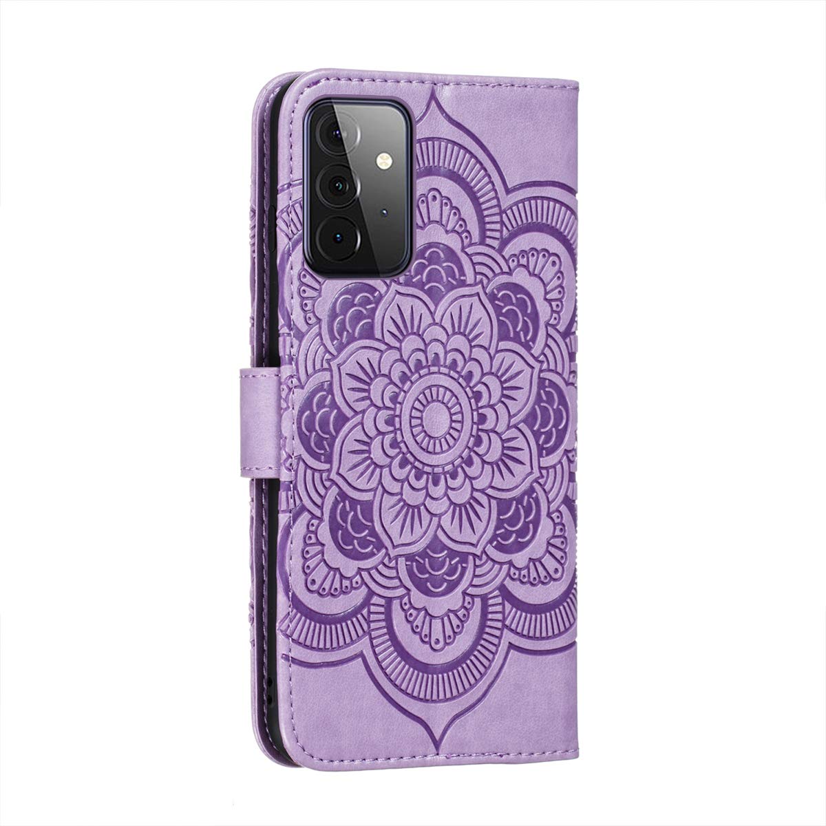 Premium PU Leather Flip Wallet Case for Samsung Galaxy A72 5G - Shockproof Embossed Mandala Design with Card Holder & Kickstand (Light Purple) | Perfect for Work, Travel & Everyday Protection