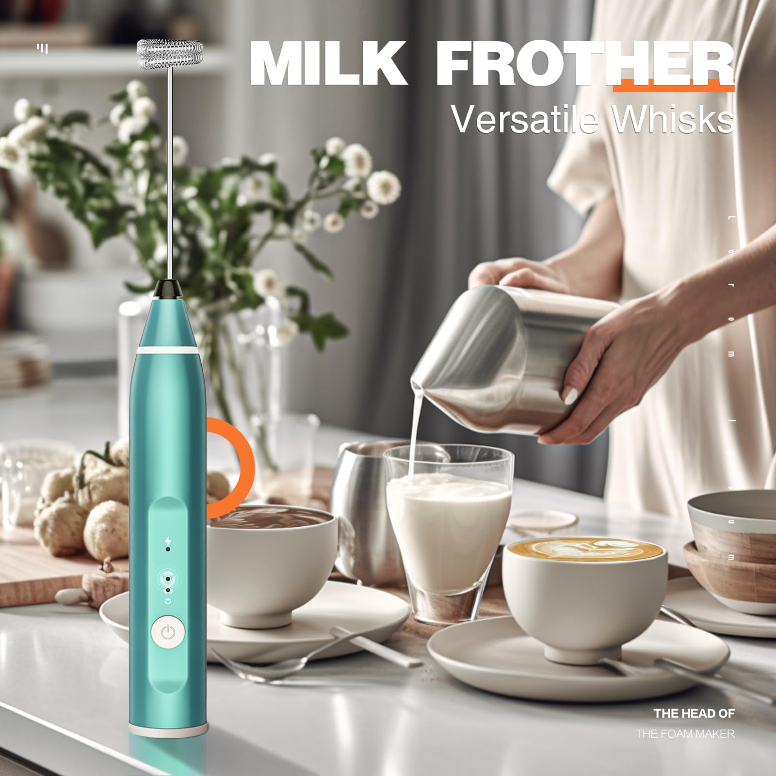 Rechargeable Handheld Electric Milk Frother with 3 Stainless Steel Whisk Attachments - 3-Speed Adjustable Foam Maker for Coffee, Matcha, Latte, Cappuccino & Hot Chocolate - Perfect for Home, Office & Cafe Use (Green)