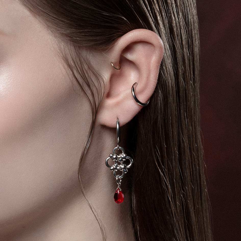 RUBIOUS Silver Chainmail & Red Glass Hoop Earrings for Women - Elegant Dangle Earrings for Party, Wedding, and Evening Wear