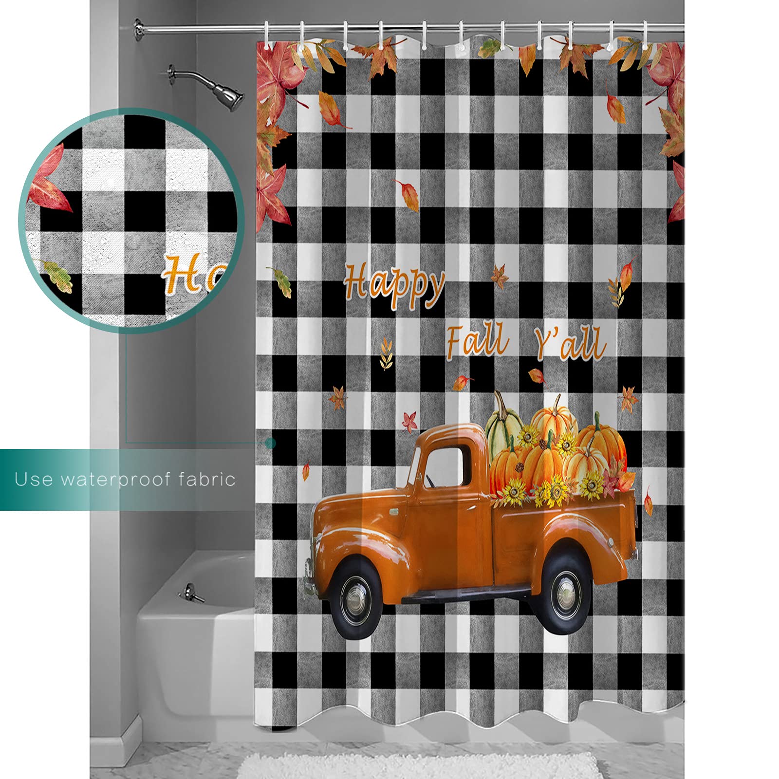 Thanksgiving Pumpkin Waterproof Shower Curtain Set - 36 x 72 Inch Fall Plaid Polyester Bathroom Decor with 12 Hooks | Rustic Farmhouse Bathroom Accessories for Autumn, Halloween & Holiday Season