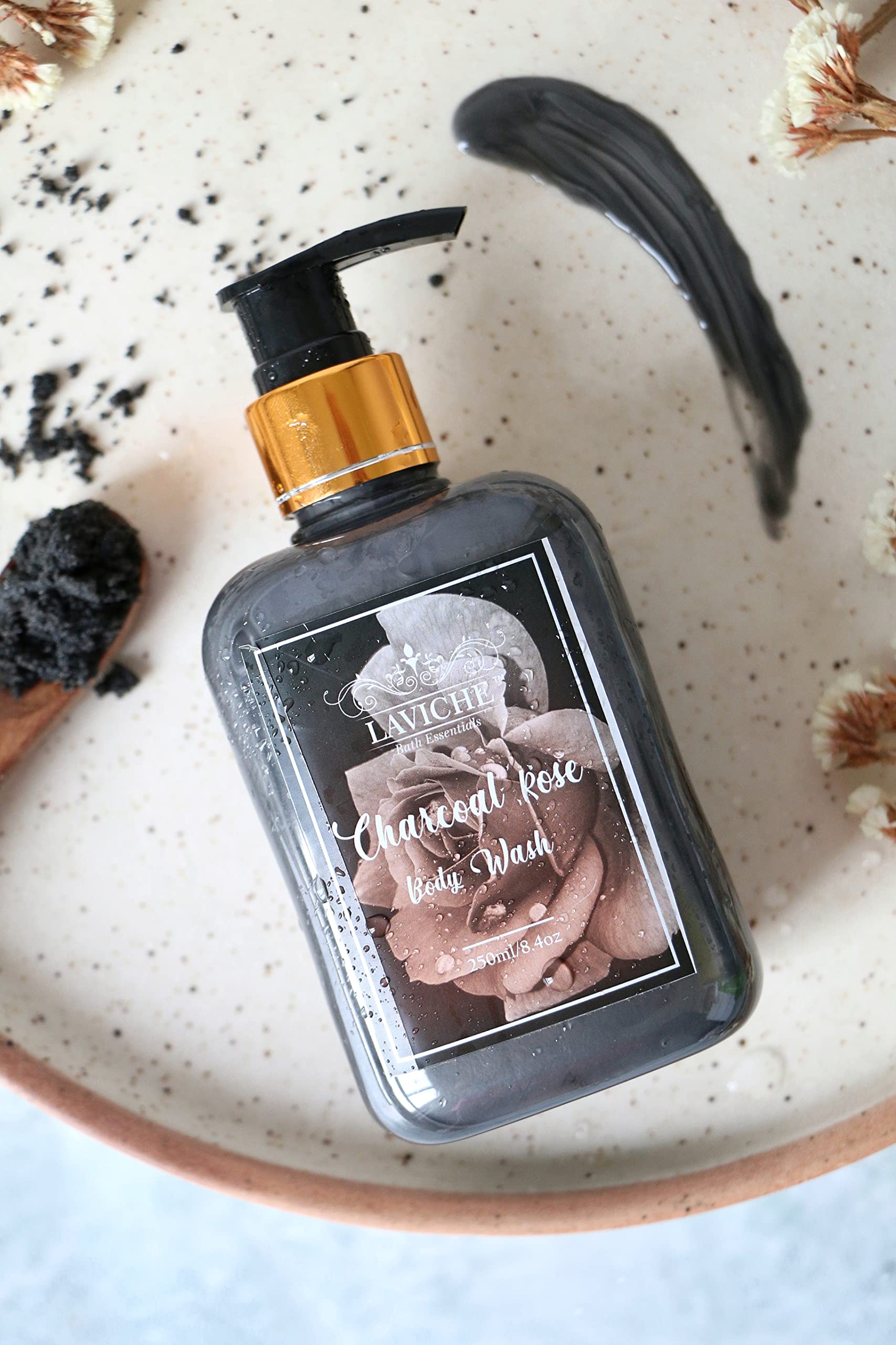 Laviche Charcoal & Rose Body Wash for Deep Cleansing - 250ml Shower Gel with Natural Extracts for Men & Women | Perfect for Daily Detox & Relaxing Bath Time