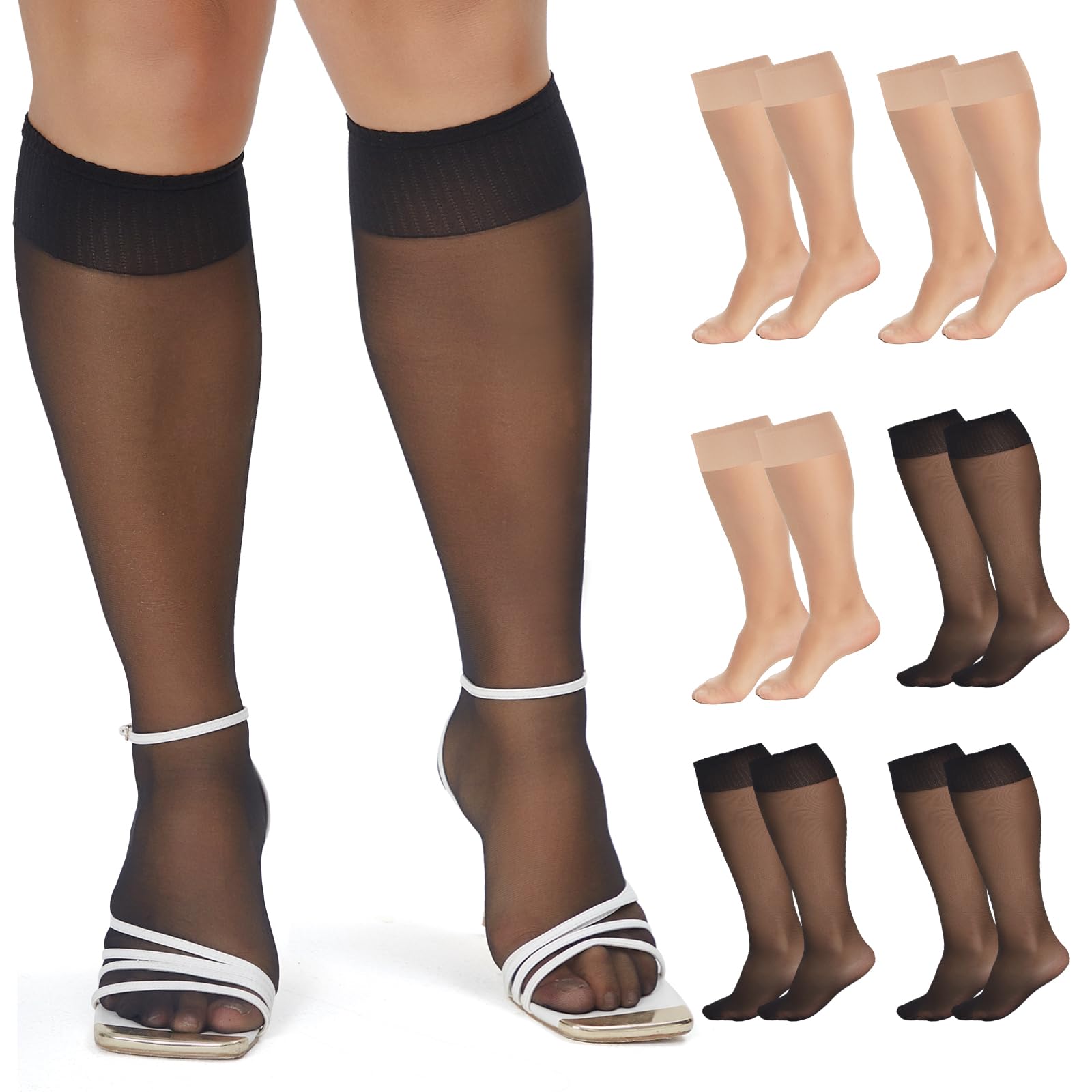 6 Packs Plus Size Knee High Sheer Stockings for Women - Nylon Trouser Socks for Work, Office & Everyday Comfort
