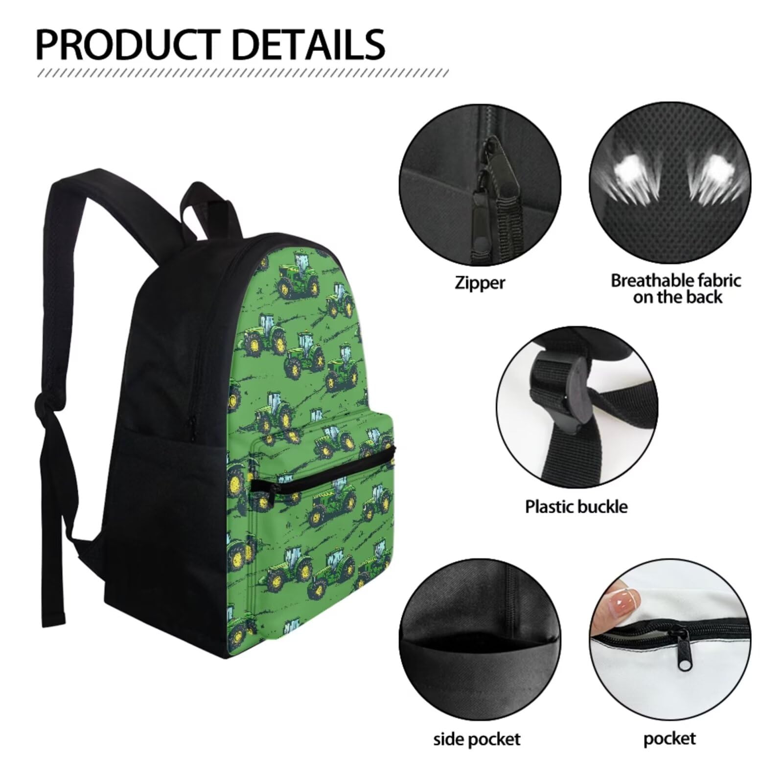 DISNIMO Boys Backpack with Lunch Box - Tractor & Truck Print School Bookbag for Kids Ages 6-8, Large Green Daypack for Elementary Students - Perfect for School, Travel, and Outdoor Adventures