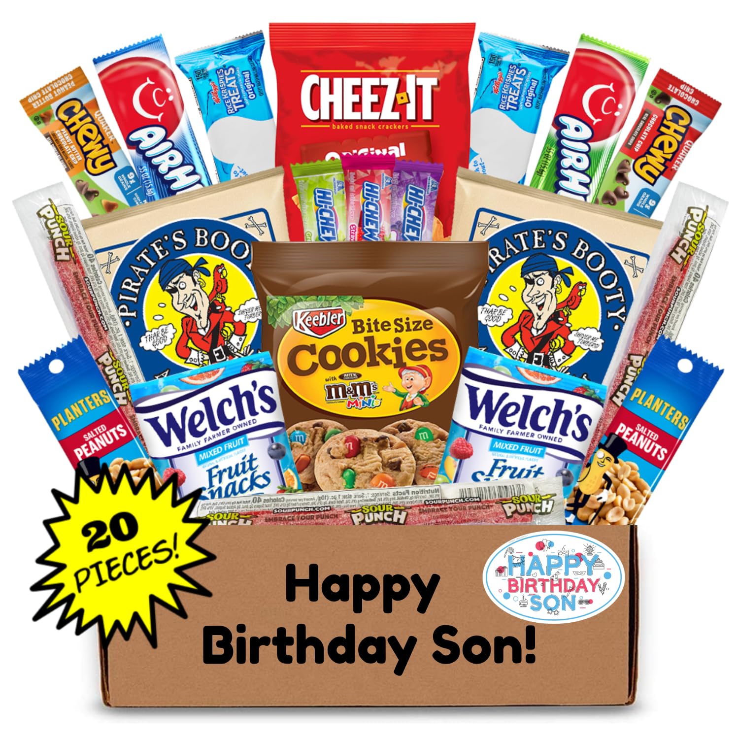 Happy Birthday Snack Box for Son - 20 Count Gift Basket with Cookies, Chips & Candy - Perfect for Parties & Gifts
