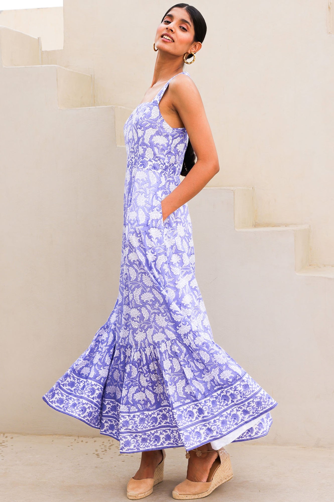 Aurelia Organic Cotton Block Print Dress - Iris Blue & White | Boho Chic Summer Dress for Women | Perfect for Beach, Vacation & Casual Outings