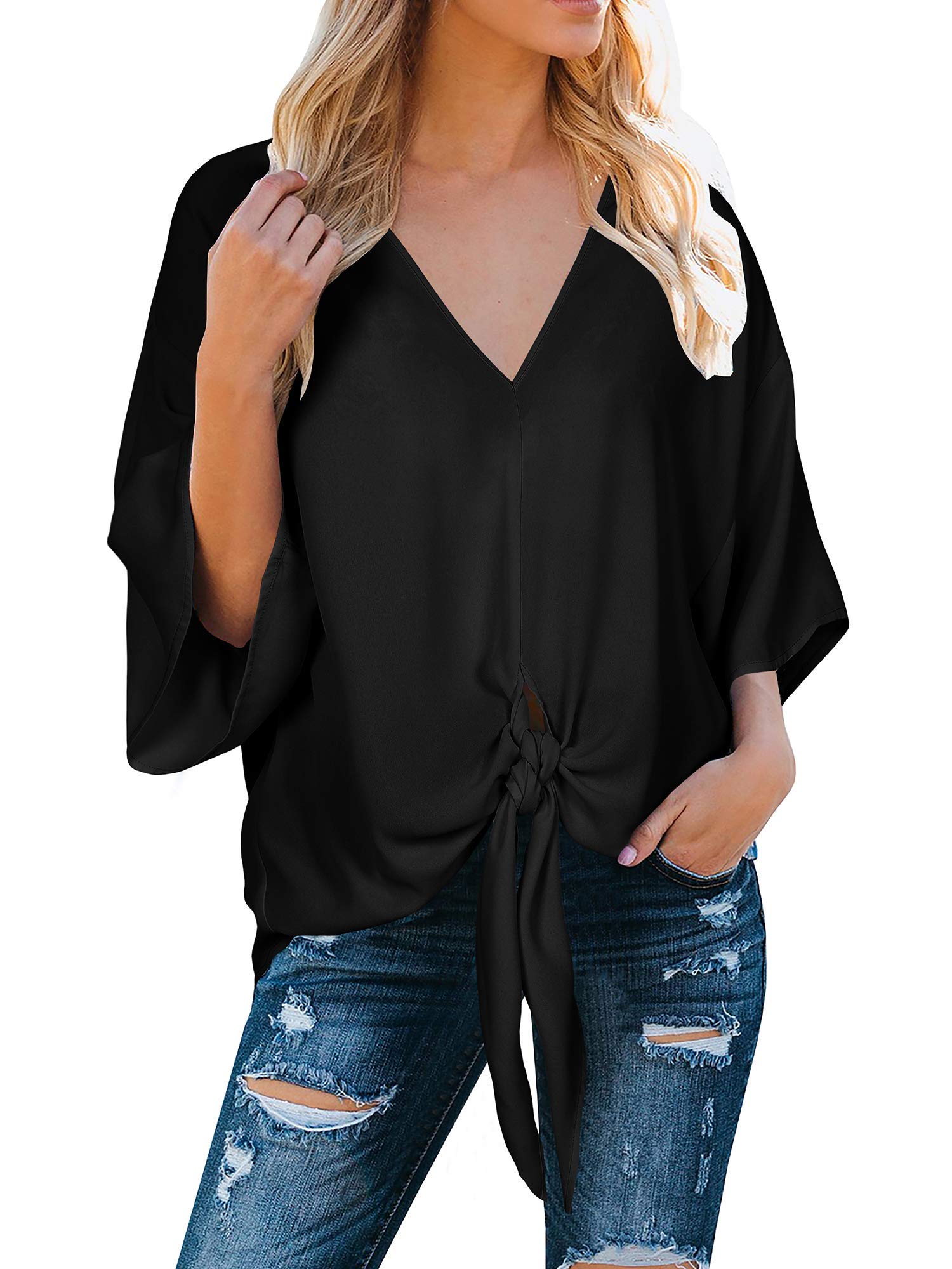 Women's Floral V-Neck Tie Front Blouse - Batwing Short Sleeve Chiffon Top for Casual Wear & Summer Outfits