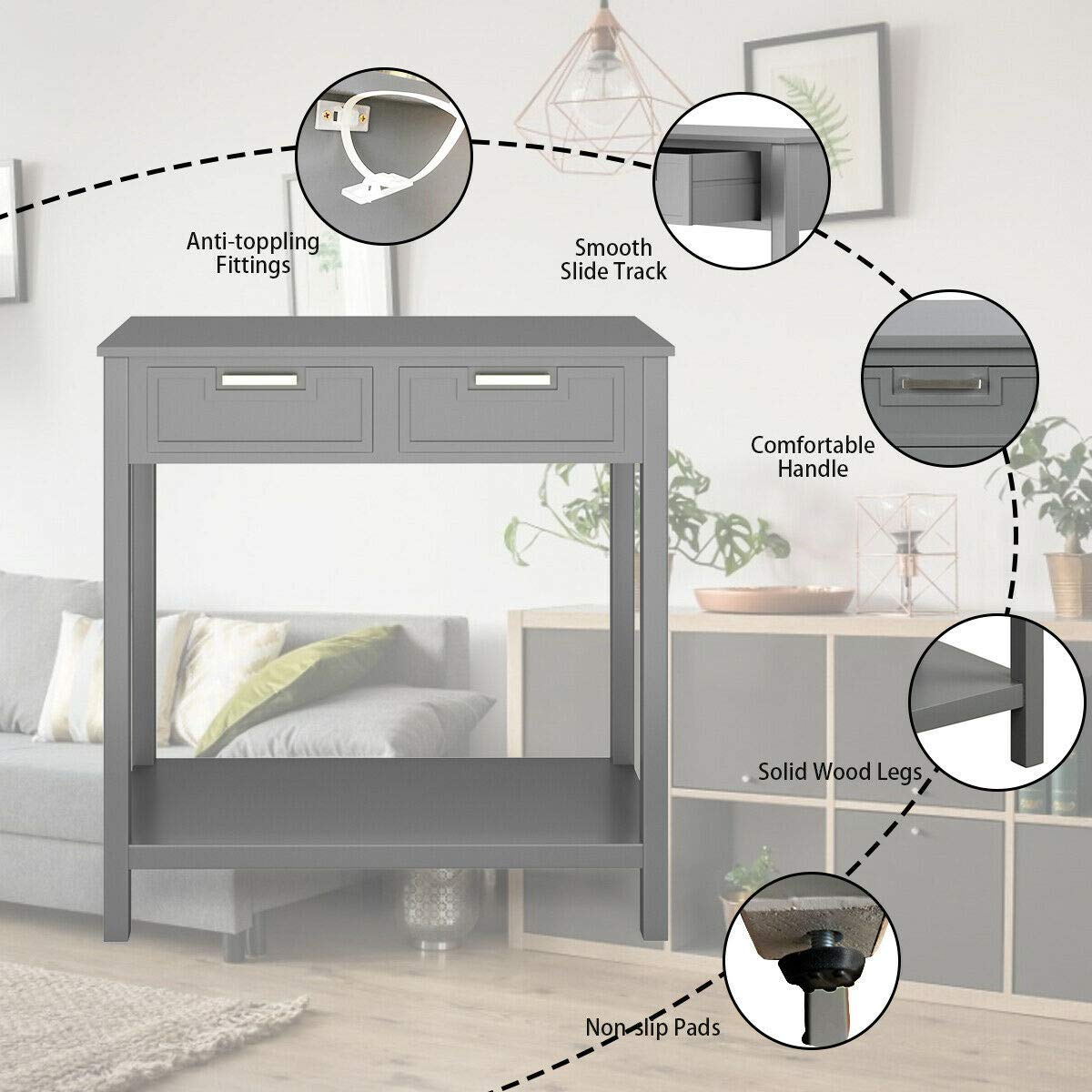 Modern Gray Entryway Sofa Accent Console Table with 2 Drawers - Sturdy Waterproof Storage Shelf for Bedroom, Living Room & Hallway - Perfect for Small Space Organization & Home Decor